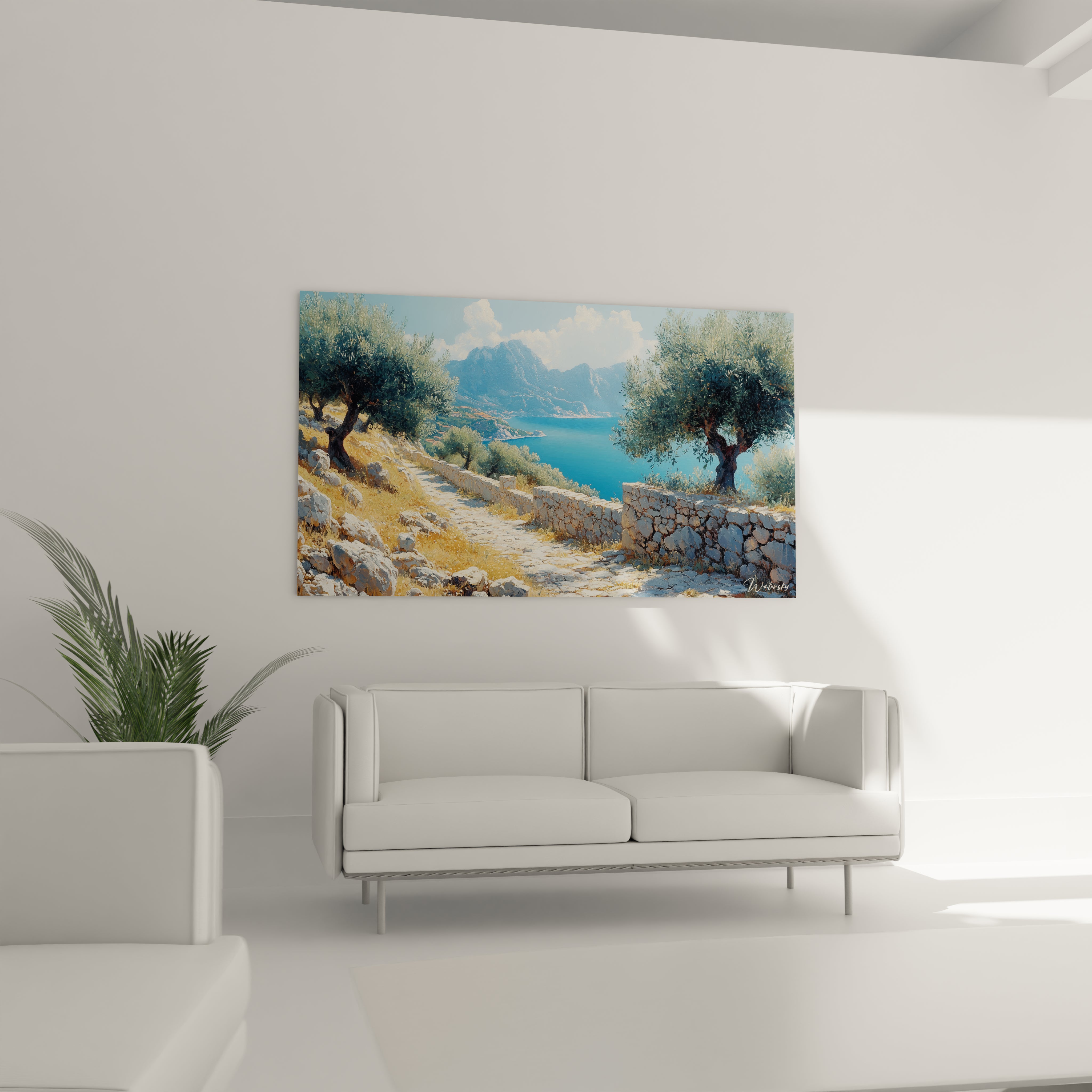 Un tableau côtier méditerranéen illustrant un chemin ensoleillé bordé de murets traditionnels et d'oliviers argentés, offrant une vue panoramique sur une mer d'un bleu intense, avec des contrastes saisissants entre les zones d'ombre et de lumière.
