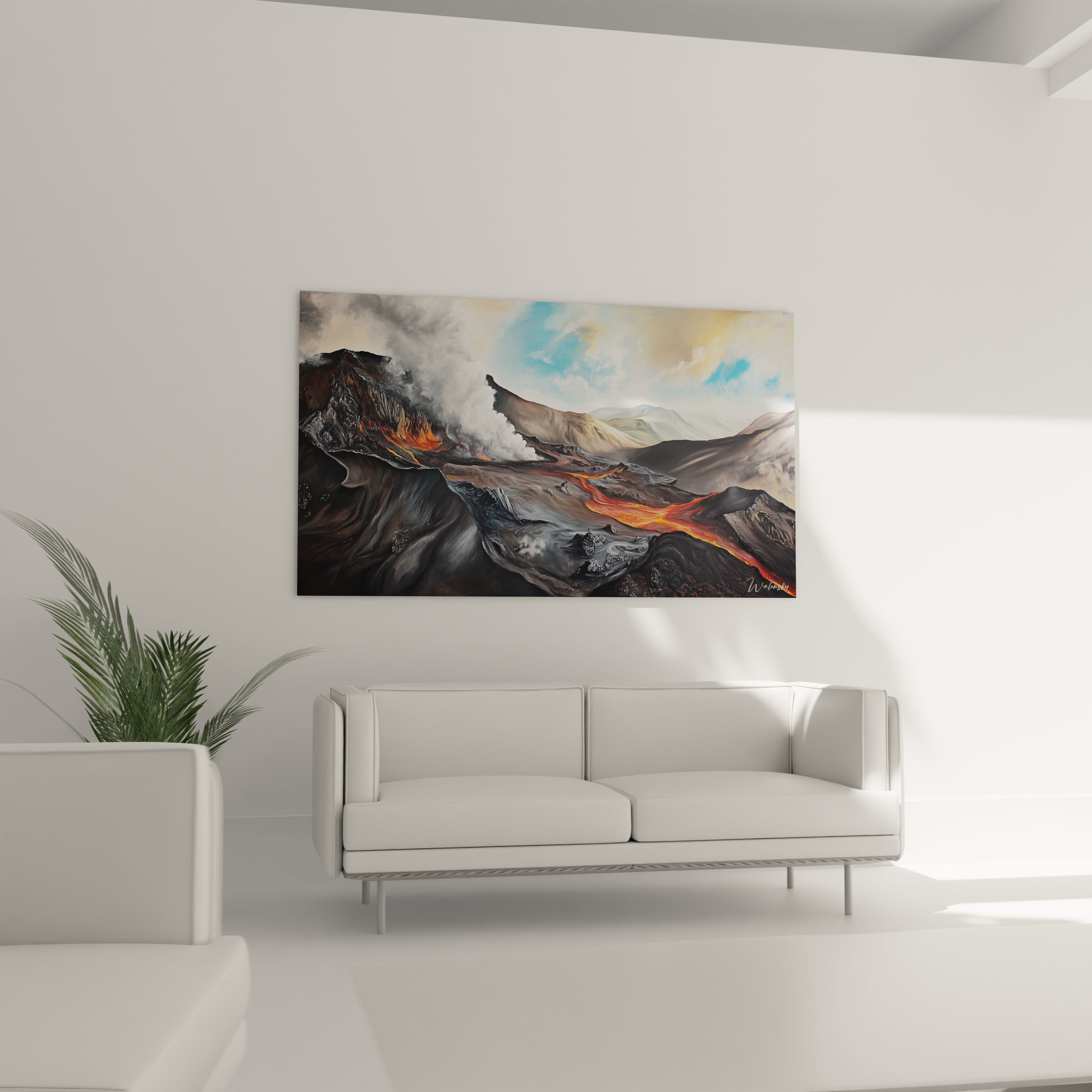 Un tableau de paysage volcanique aux tons contrastés de noir, gris et orange ardent, illustrant une éruption active avec fumée blanche et coulées de lave rougeoyantes sur terrain rocheux escarpé sous un ciel bleu lumineux.
