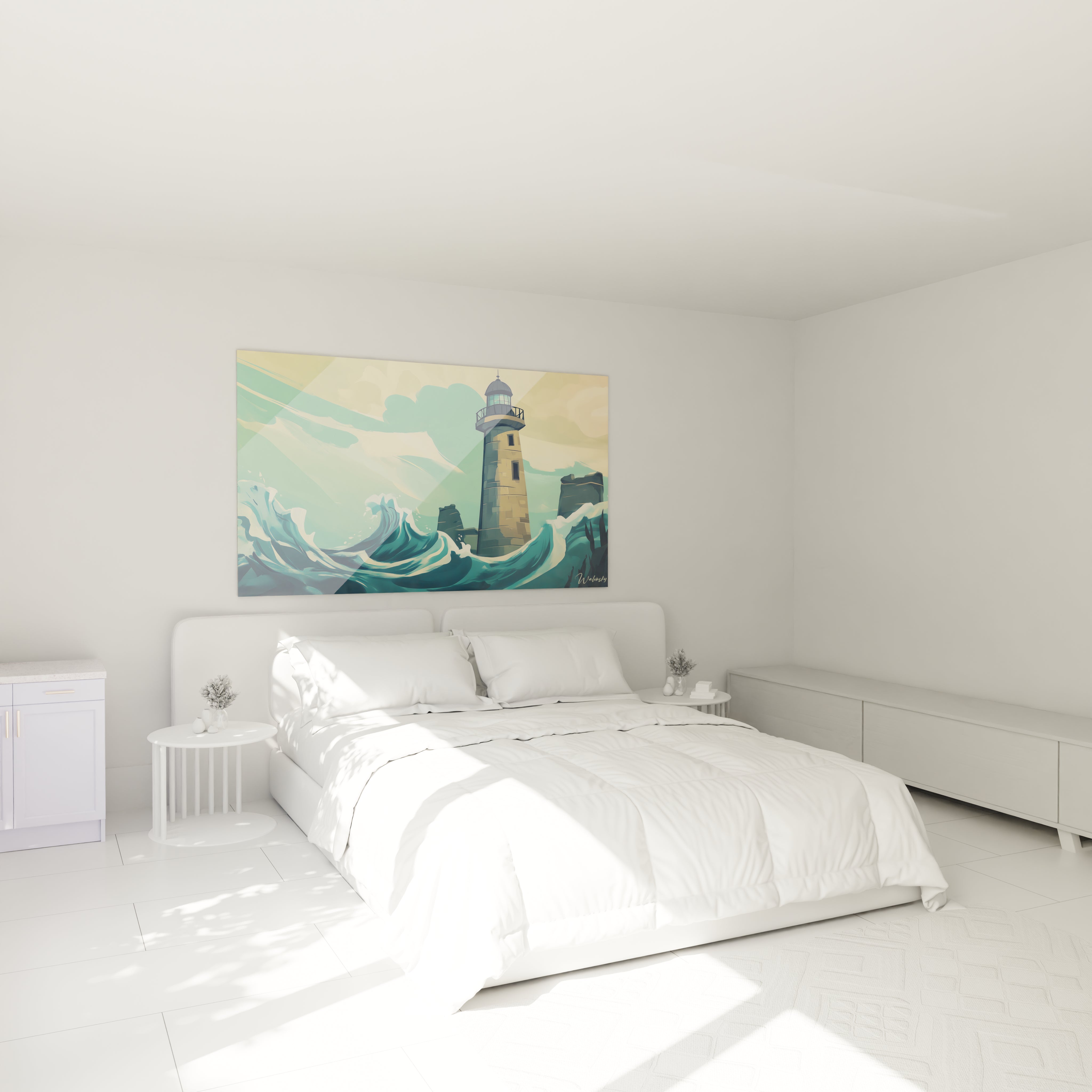 Un tableau maritime minimaliste montrant un phare de pierre beige entouré de vagues turquoise écumantes, sous un ciel pastel, avec des textures lisses et des transitions douces entre les différentes zones de couleur.
