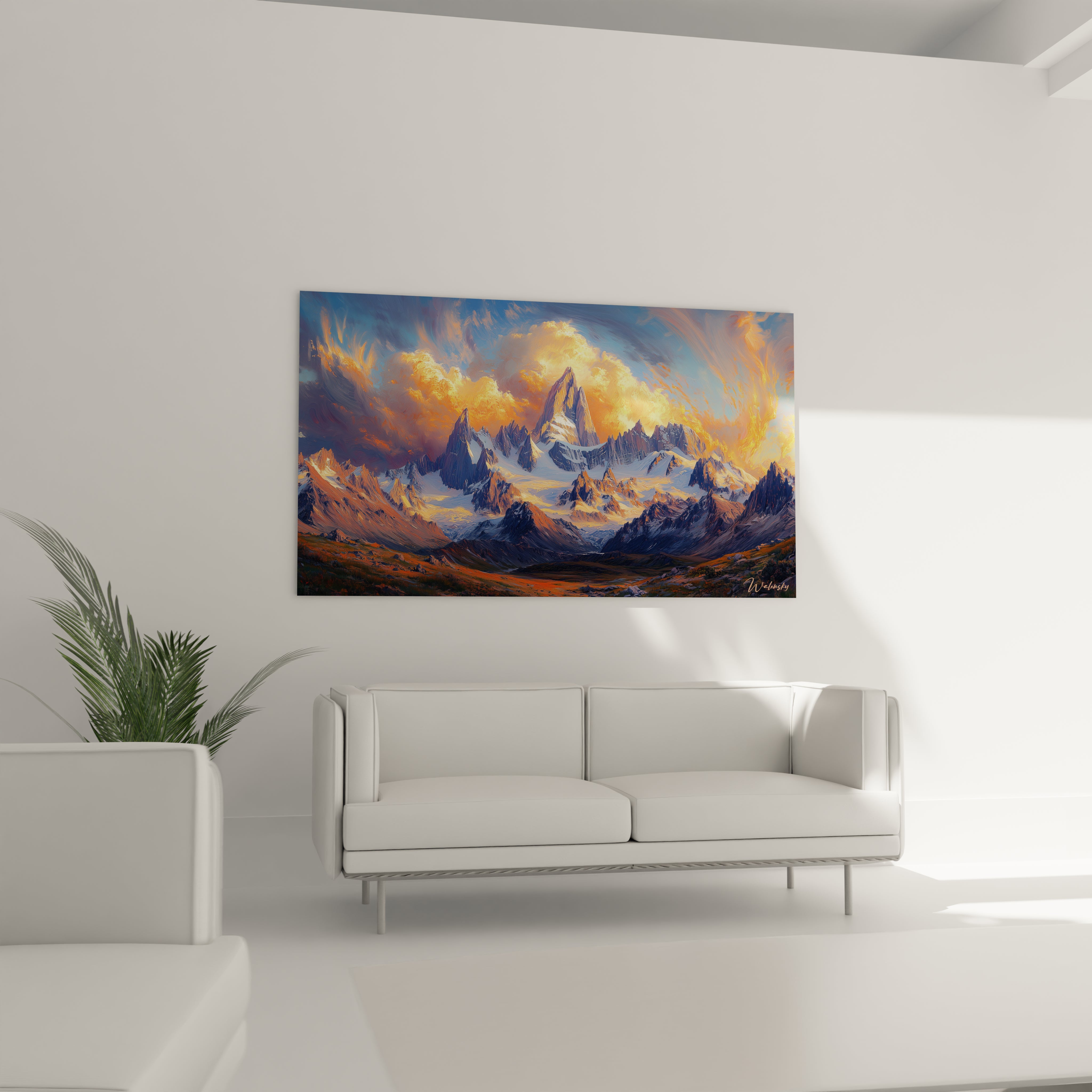 Tableau montagne capturant un paysage de haute altitude au crépuscule, dominé par des pics rocheux aux teintes bleues et violettes, illuminés par un soleil couchant orange vif, avec des glaciers blancs et des formations nuageuses dramatiques.
