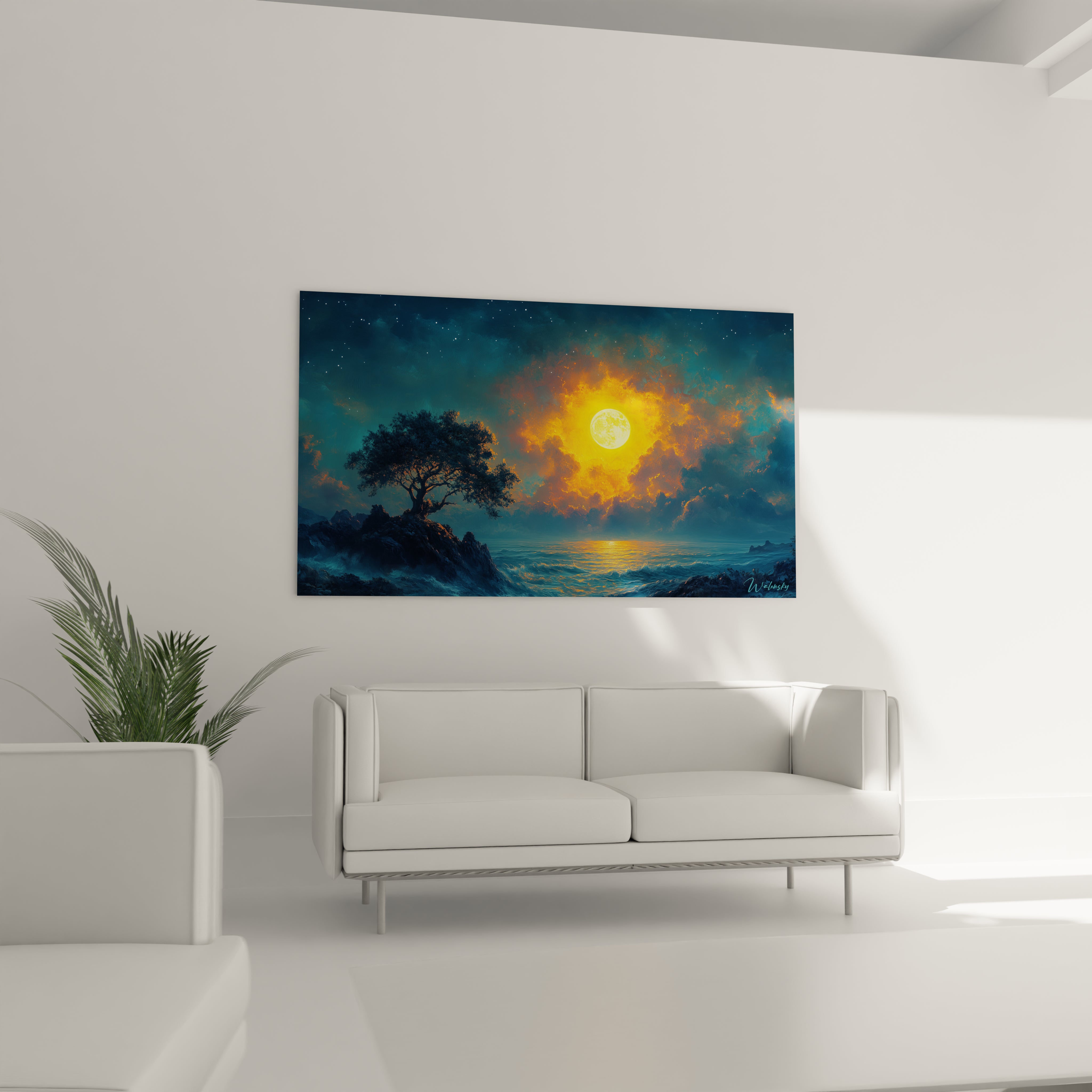 Un tableau paysage lunaire capturant un moment cosmique où une lune jaune brillante émerge des nuages, illuminant la surface de l'océan bleu foncé et créant un chemin doré sur l'eau, avec un arbre solitaire comme témoin silencieux sur un rocher.
