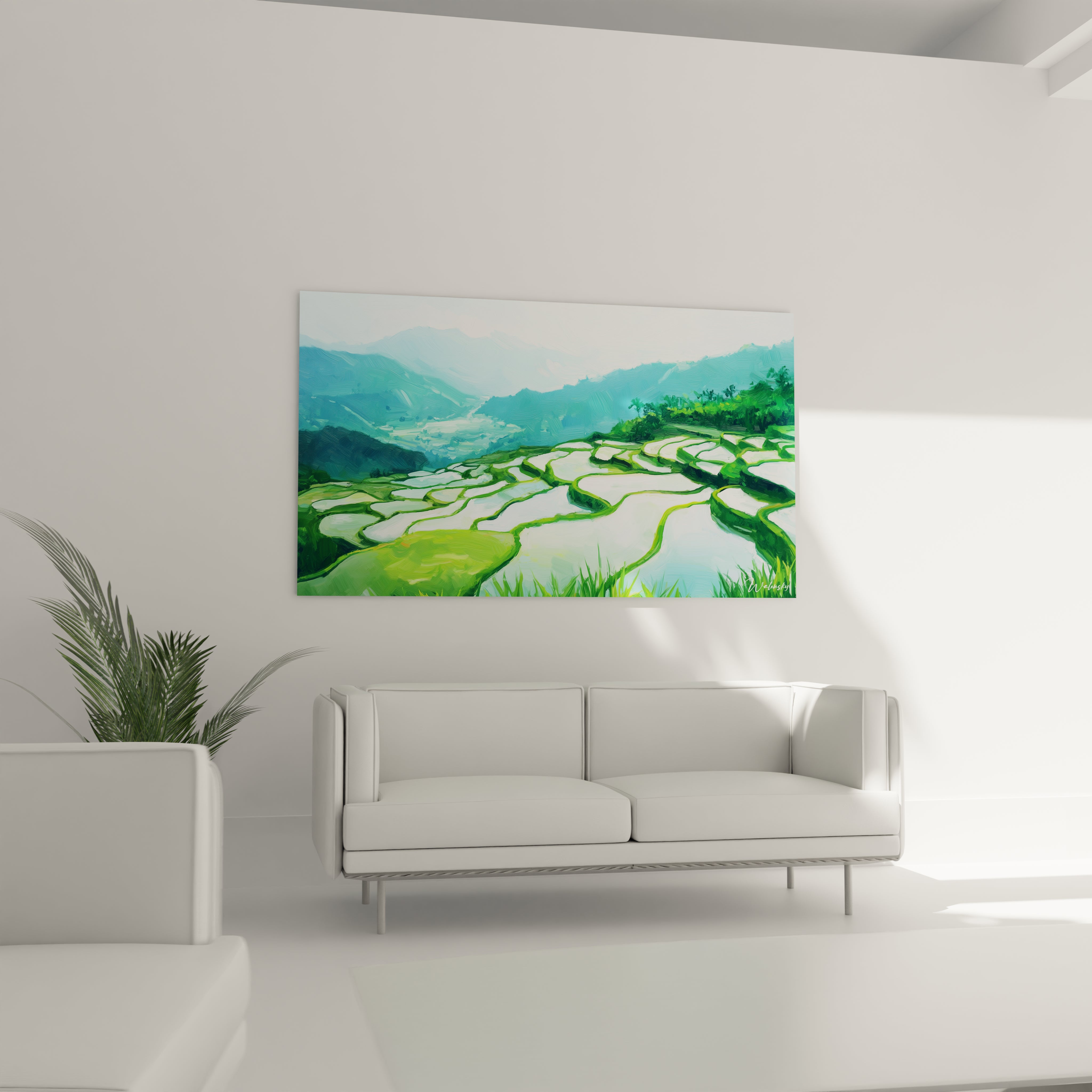 Un tableau paysage agricole représentant des rizières étagées vues en plongée, caractérisées par des bassins d'eau blanc nacré entourés de bordures vert émeraude, contrastant avec un arrière-plan de montagnes aux dégradés de bleu turquoise et cyan.
