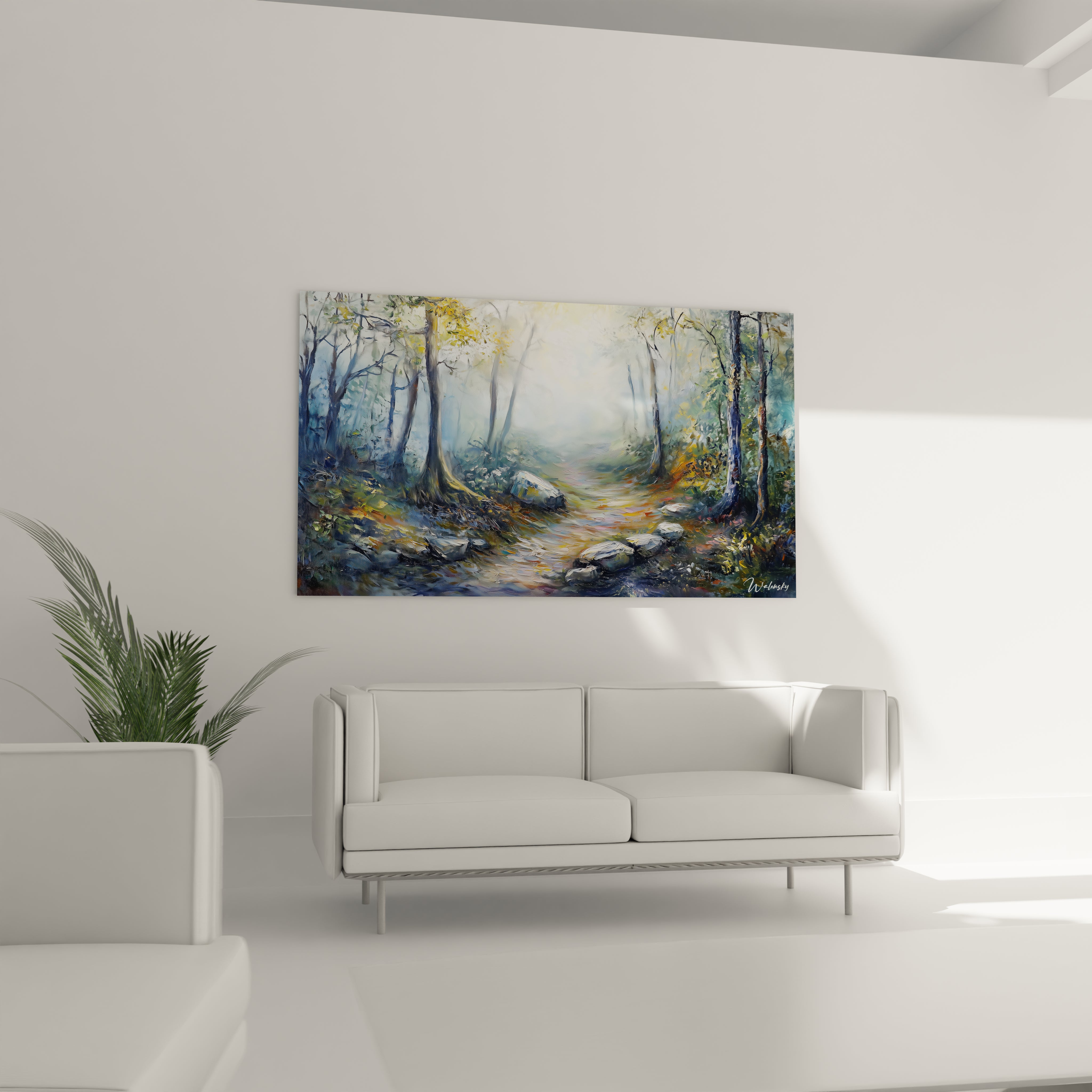 Un tableau forêt montrant une perspective centrale d'un sentier sinueux traversant un sous-bois mystérieux, avec des contrastes entre zones d'ombre bleutées et percée lumineuse centrale, des rochers blancs texturés et des feuillages aux teintes automnales.
