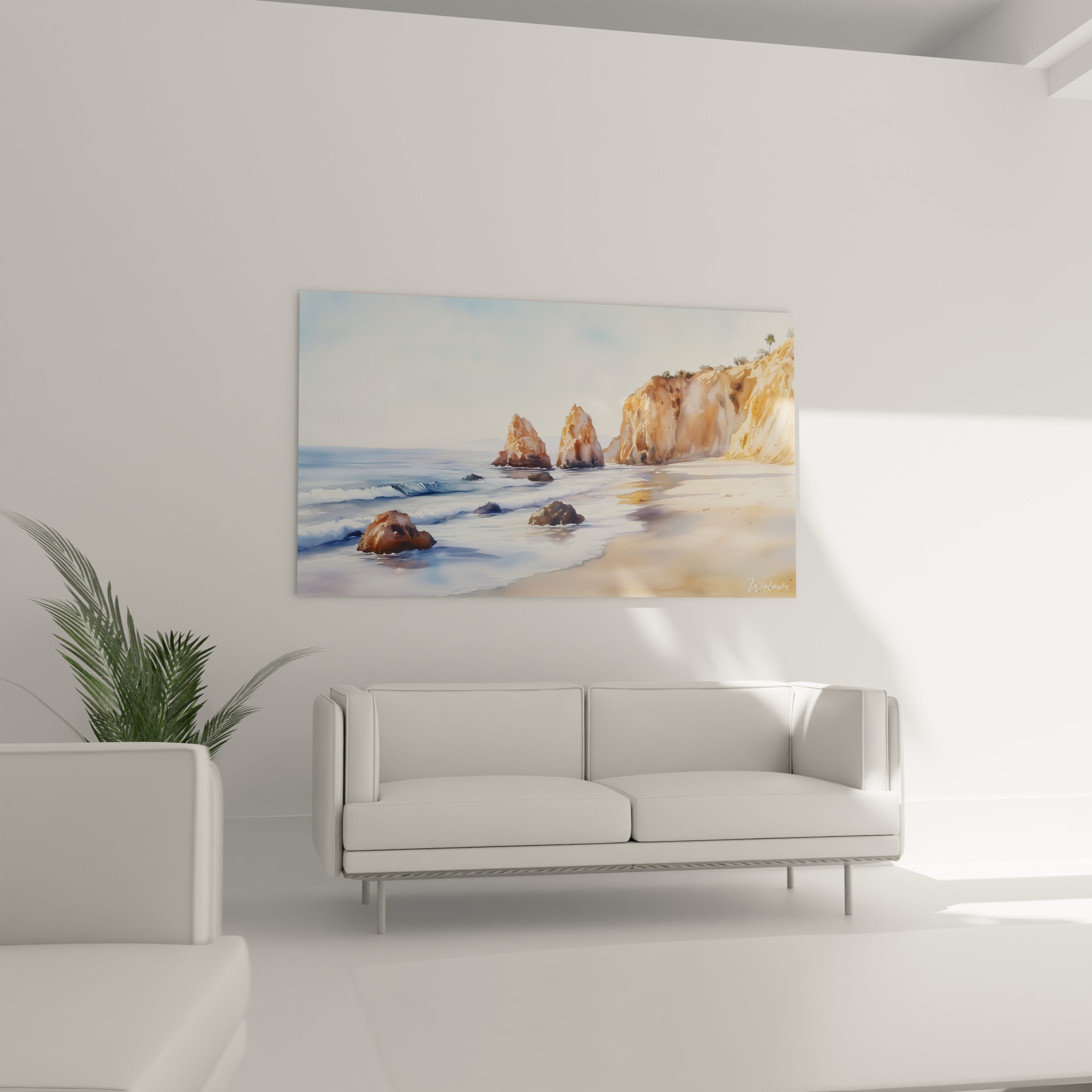 Un tableau plage illustrant une scène marine lumineuse avec des falaises texturées dans des tons dorés, un océan bleu profond avec des reflets blancs, et des formations rocheuses caractéristiques dans l'eau.

