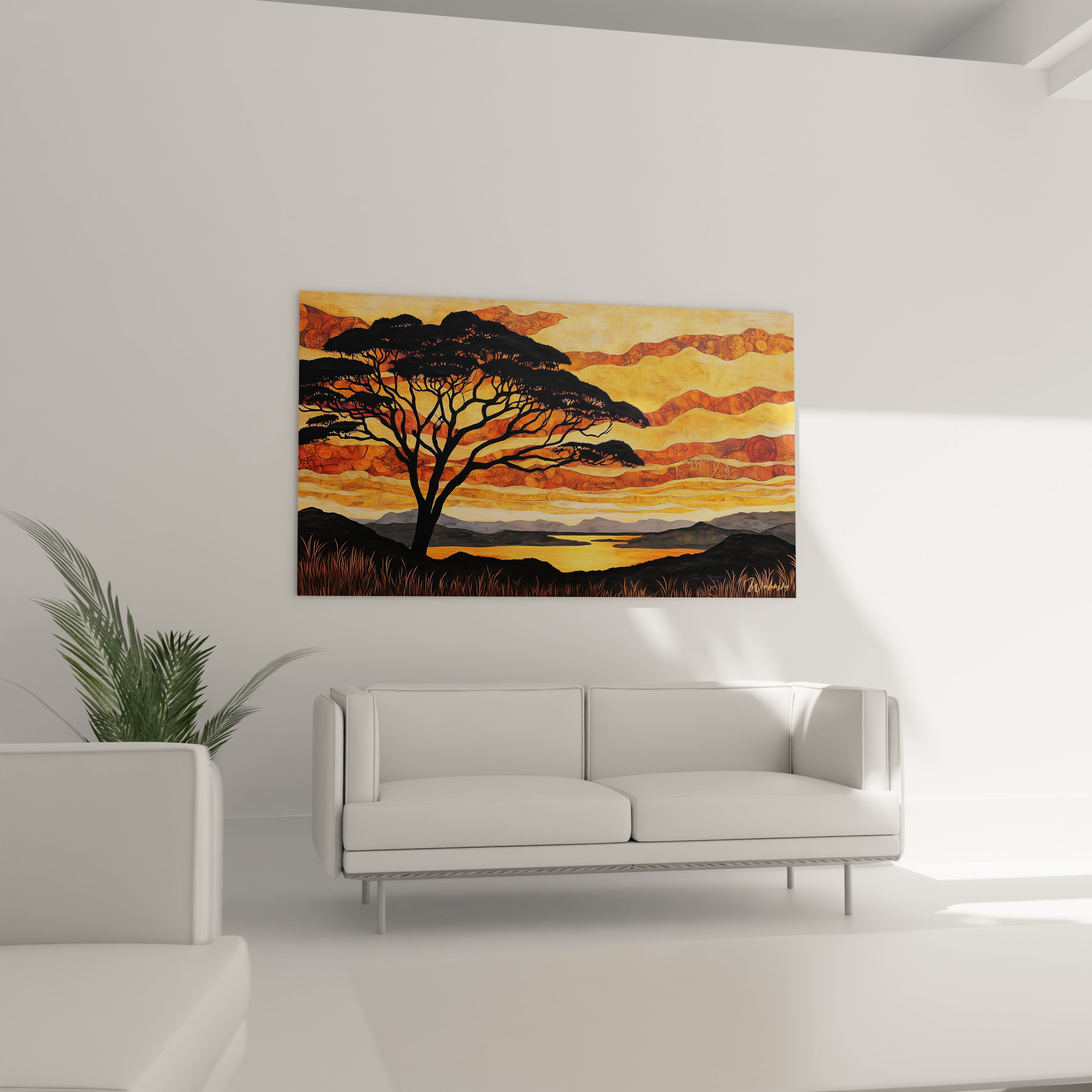 Un tableau acacia savane capturant la silhouette noire détaillée d'un arbre majestueux sur un ciel texturé aux strates orangées et dorées, surplombant un paysage de collines sombres et un lac reflétant les dernières lueurs du jour.
