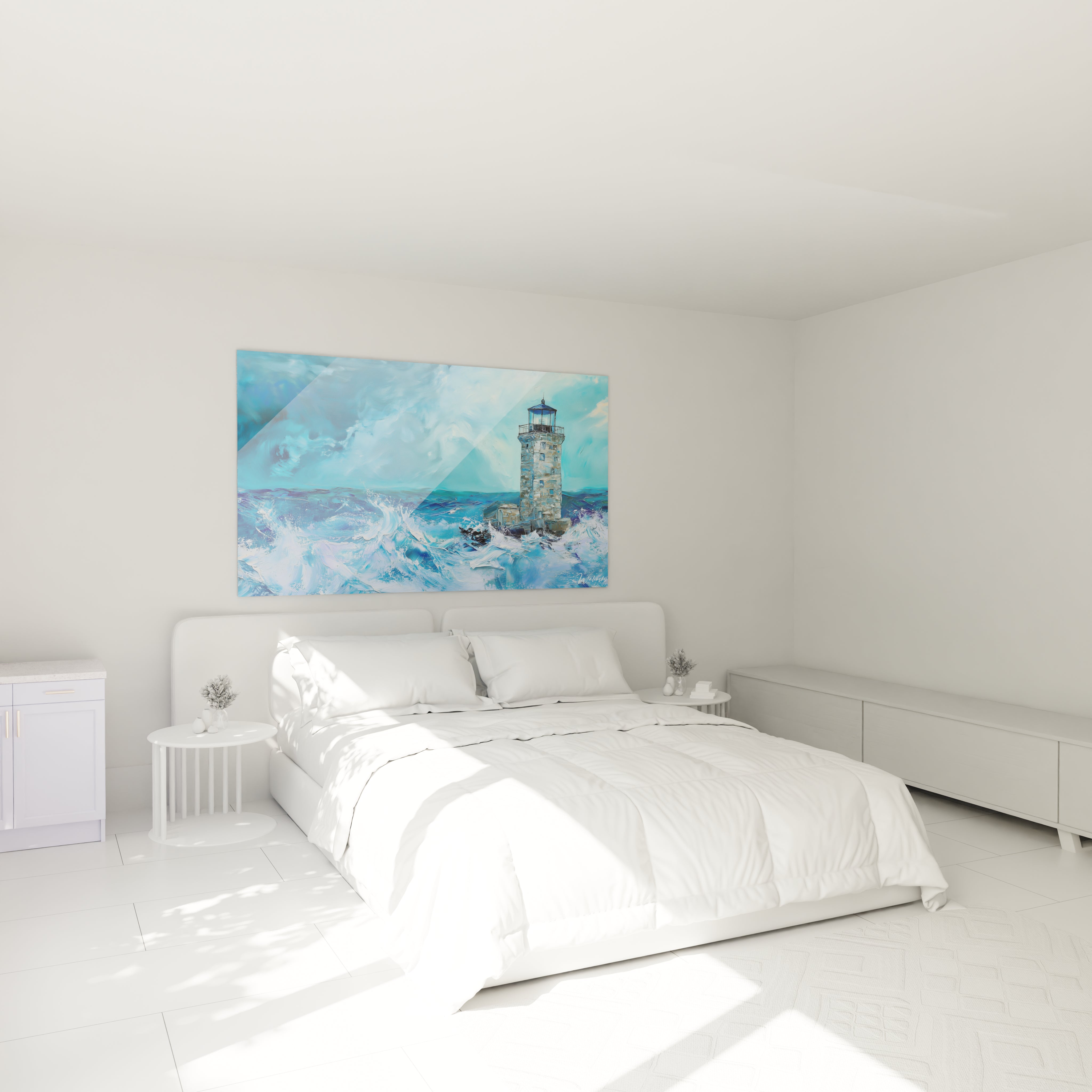 Tableau d'un phare solitaire résistant à une tempête marine, où les vagues bleu profond s'écrasent contre une structure beige, créant des éclaboussures d'écume blanche sous un ciel tumultueux aux teintes bleutées, avec des coups de pinceau texturés et dynamiques.
