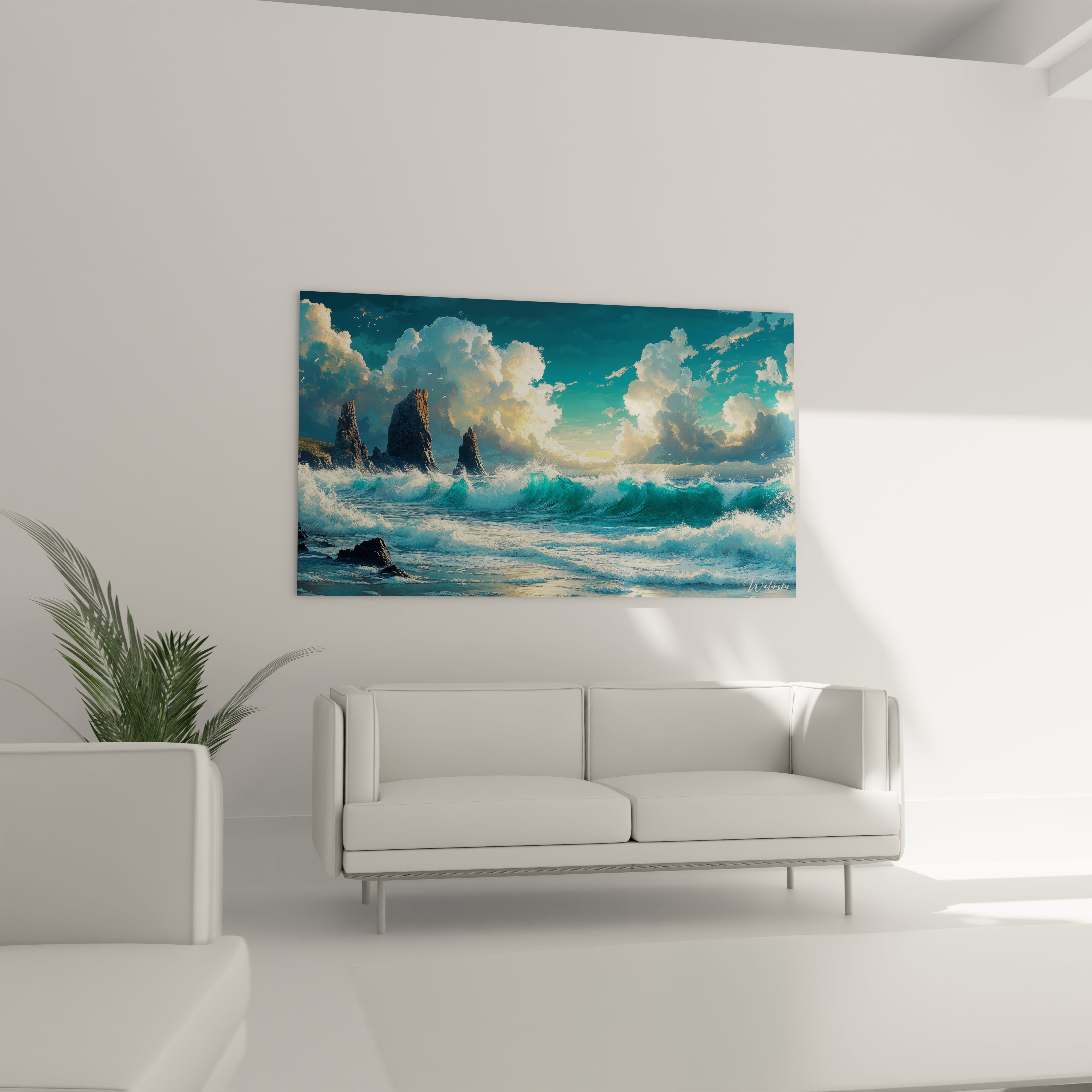 Un tableau mer aux couleurs contrastées montrant des vagues turquoise en mouvement, des rochers gris émergents, et un horizon dominé par des nuages blancs illuminés de reflets ambrés, avec des effets de transparence dans le rendu de l'eau.
