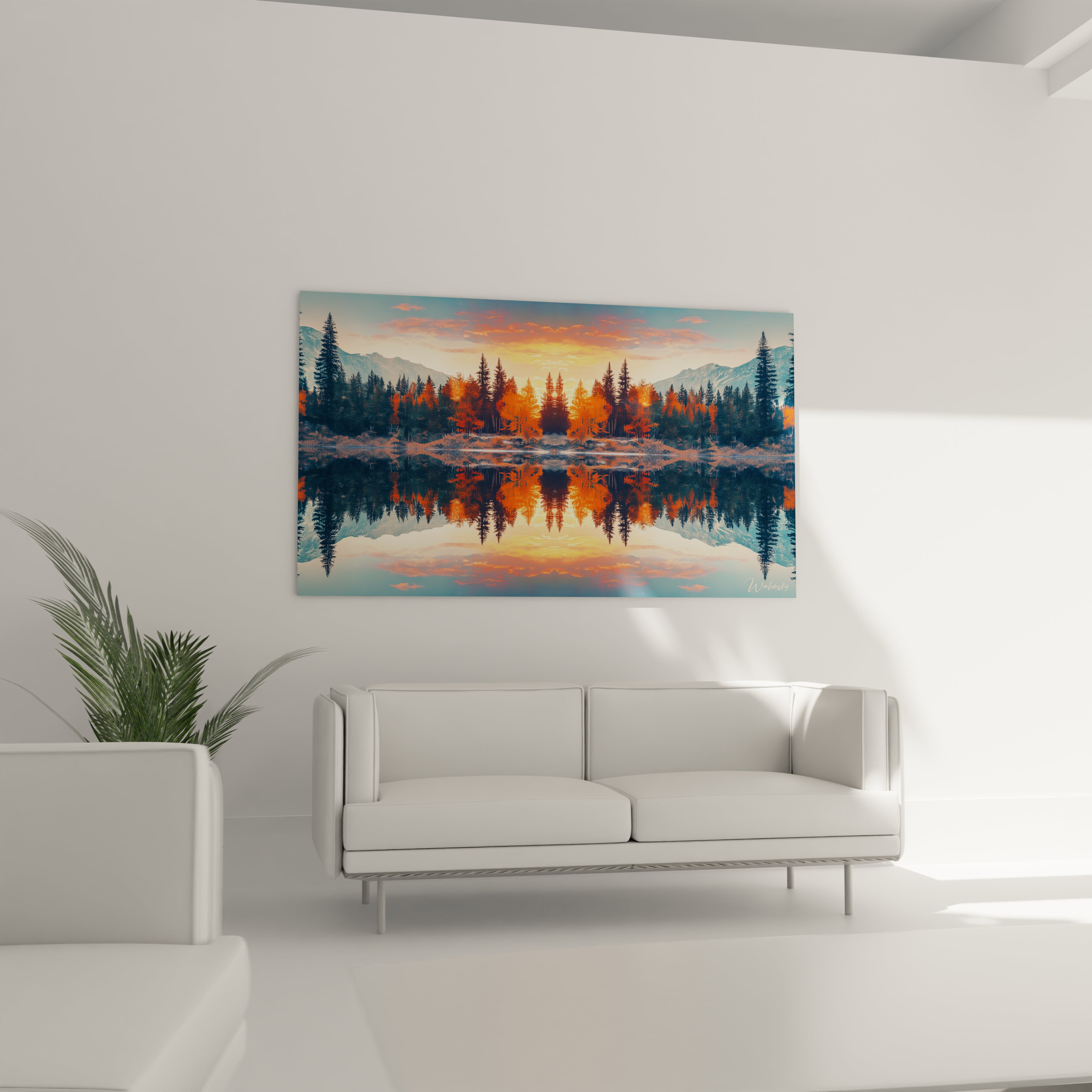 Un tableau forêt réfléchissante montrant un paysage de montagne divisé par une ligne d'horizon, avec des sapins et mélèzes flamboyants créant un effet miroir dans les eaux cristallines, illuminé par la lumière dorée de l'aube.
