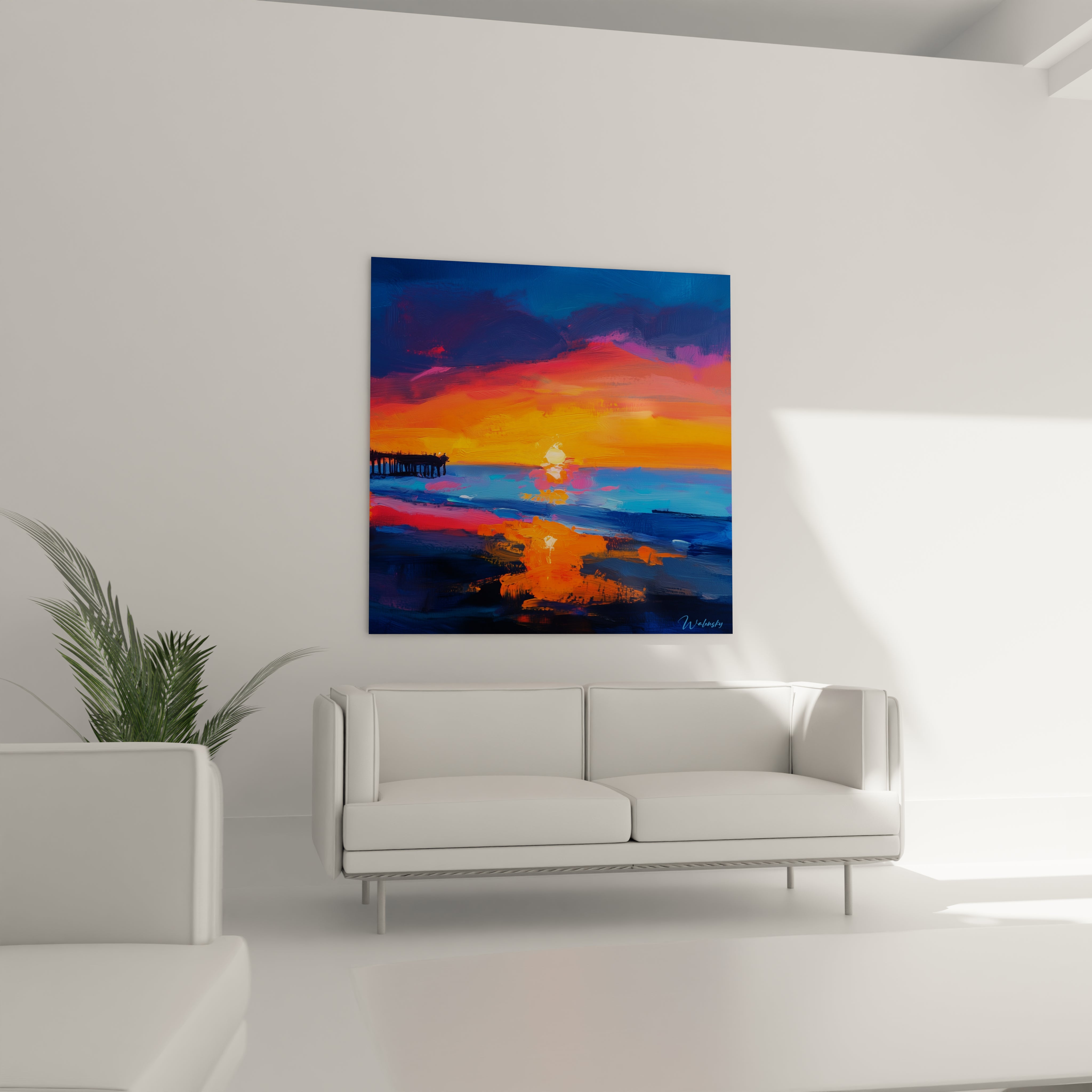 Un tableau coucher de soleil océanique aux couleurs contrastées, dominé par un ciel orange incandescent et une mer bleue profonde, traits de pinceau épais créant du relief, silhouette de ponton visible, reflets du soleil formant un chemin lumineux.
