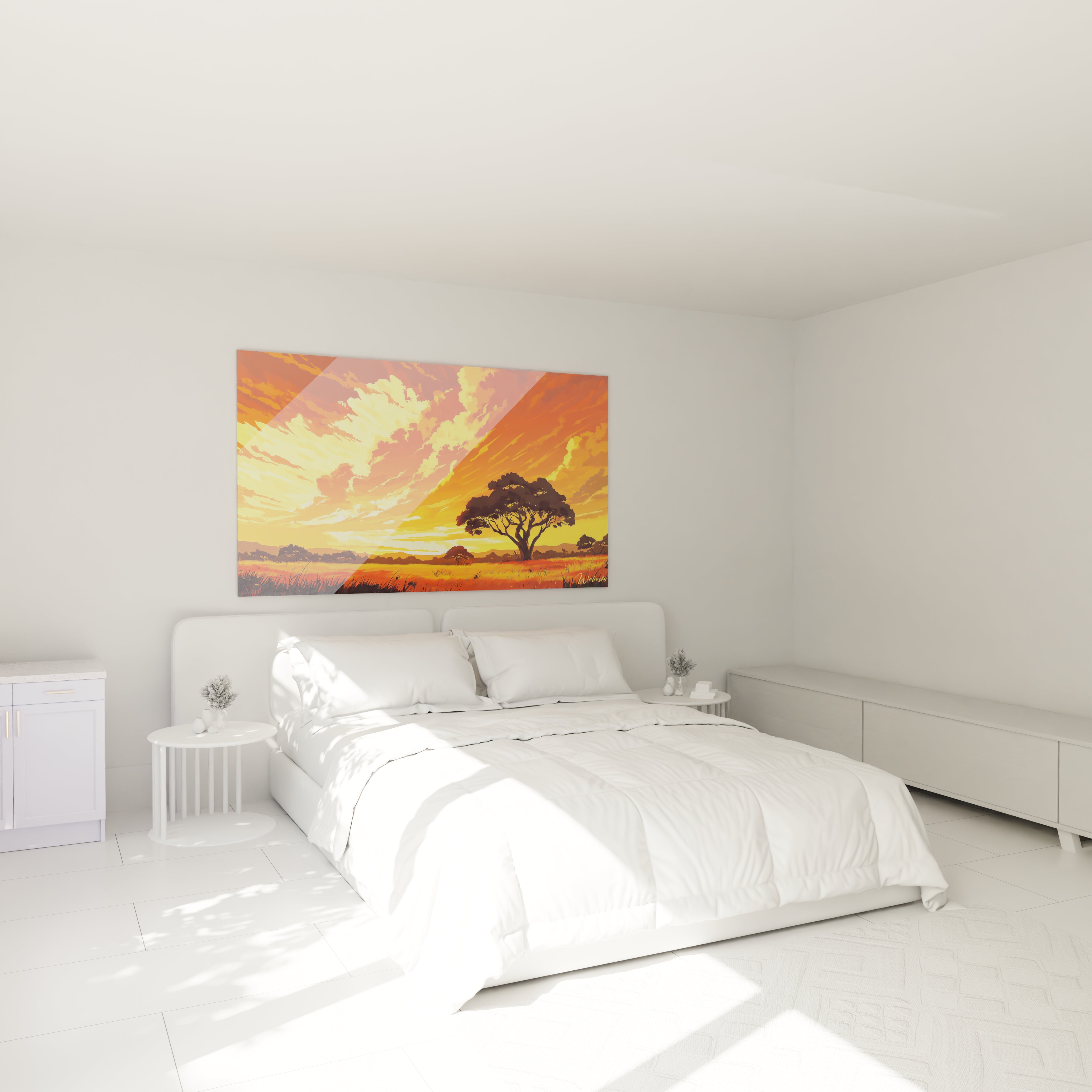 Un tableau savane crépusculaire représentant un arbre solitaire aux branches étalées, entouré d'herbes rougeoyantes, sous un ciel spectaculaire aux dégradés flamboyants d'orange, de jaune et de rouge.
