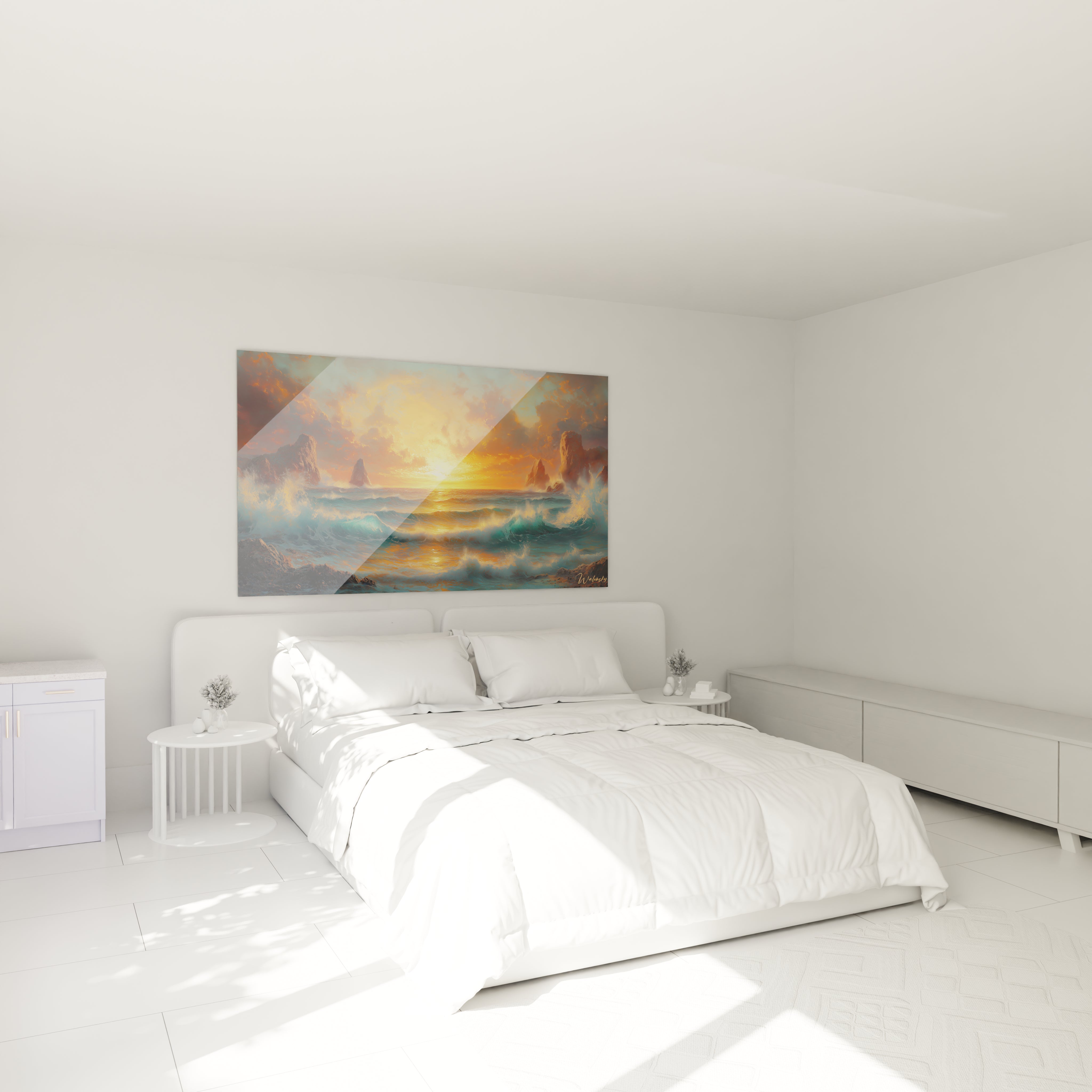 Tableau représentant une scène maritime au crépuscule avec soleil orange descendant, rochers sombres émergeant des flots turquoise et ciel embrasé aux nuances dorées.
