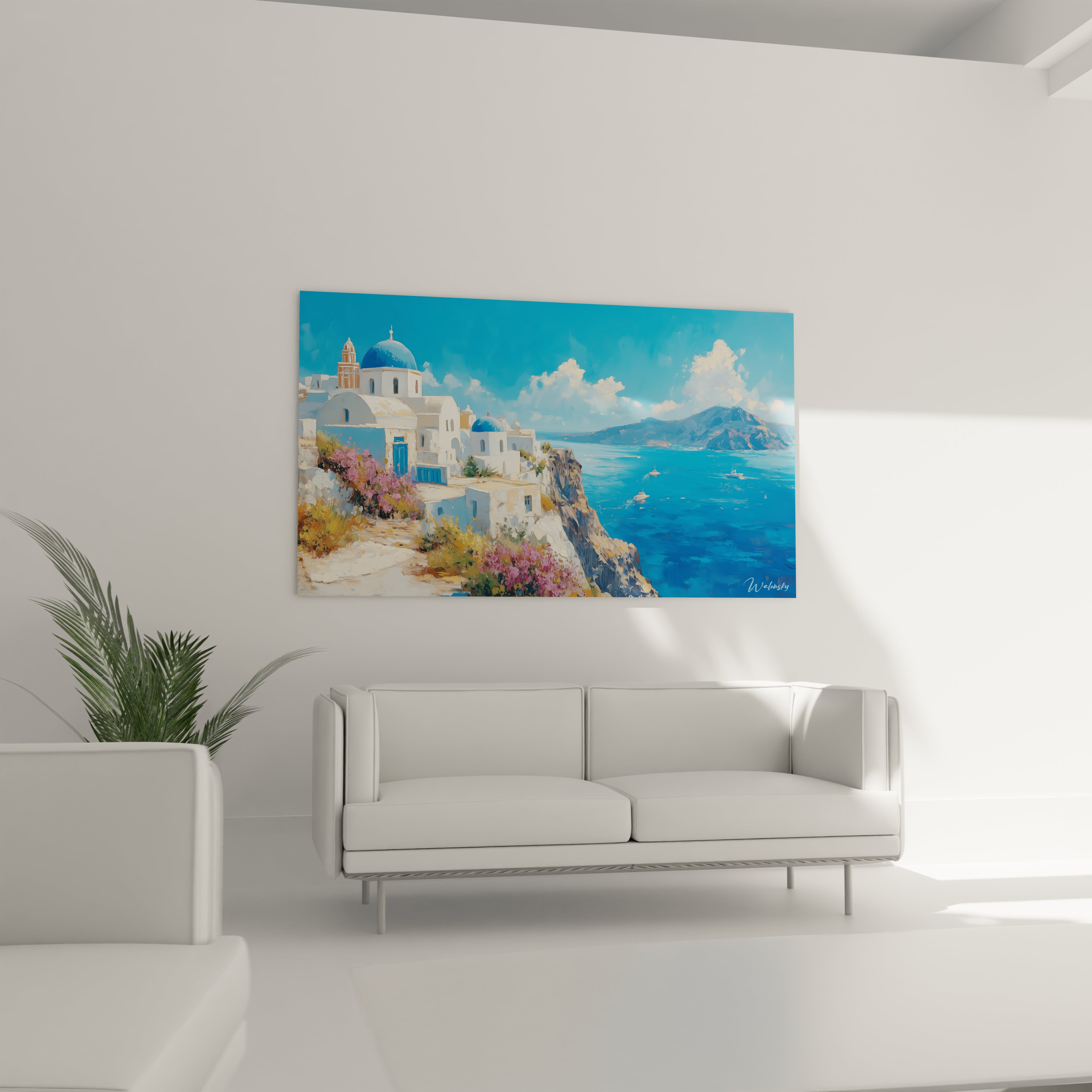 Tableau côtier illustrant un village grec de Santorini aux constructions cubiques blanches et dômes bleus, accroché aux falaises rocheuses, dominant une mer calme où naviguent quelques bateaux, sous un ciel bleu parsemé de nuages.
