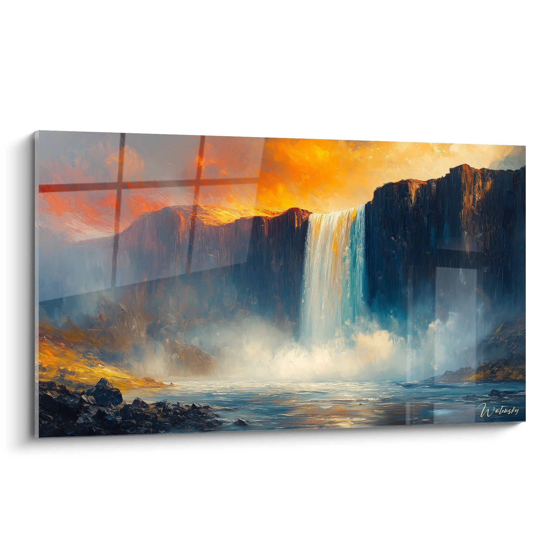 Tableau cascade représentant une imposante chute d'eau se déversant d'une falaise rocheuse, baignée dans une lumière dorée de coucher de soleil, avec une brume éthérée à la base et des reflets bleutés dans l'eau calme en contrebas.
