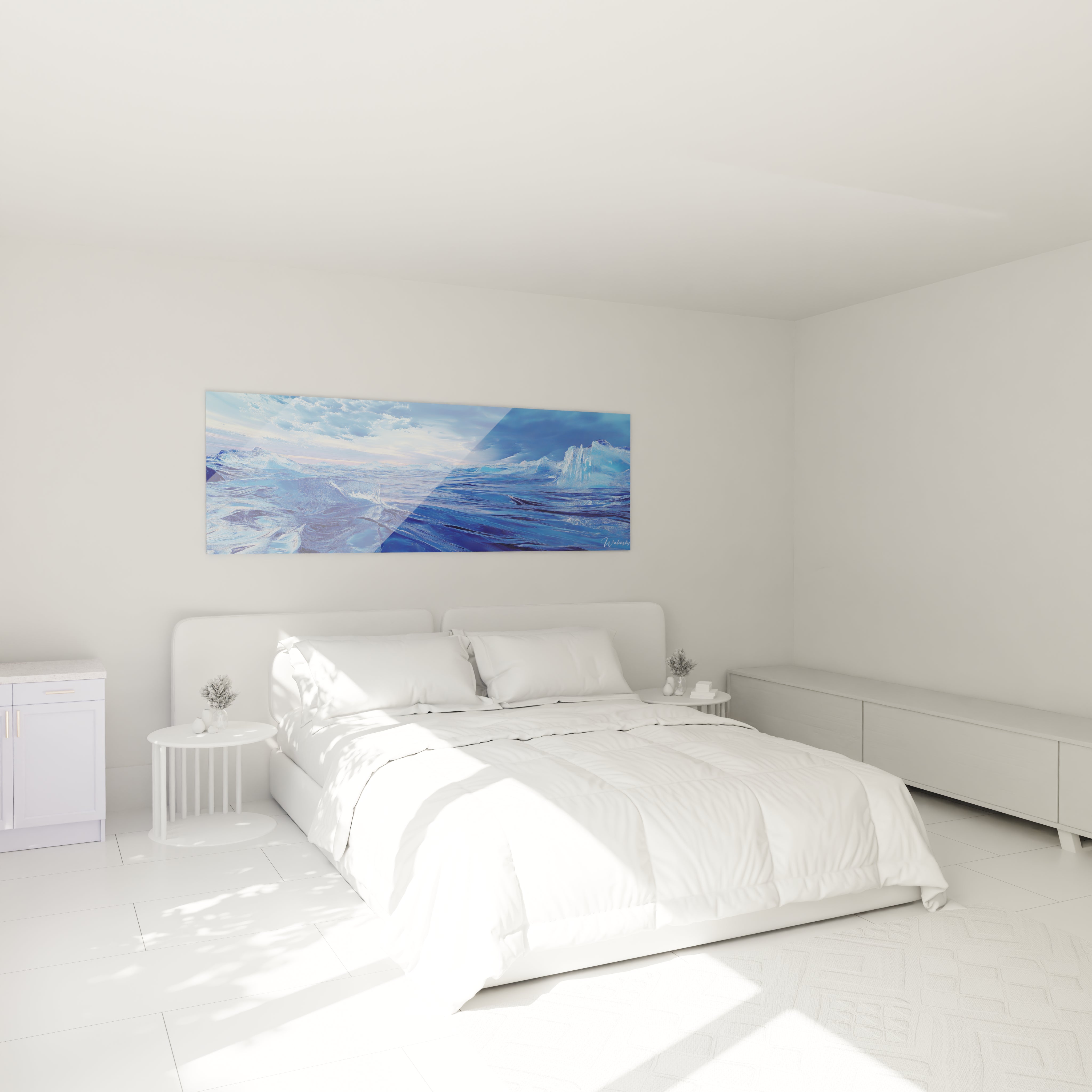 Un tableau mer glaciale montrant un océan aux multiples nuances de bleu cobalt et turquoise, où des crêtes blanches et des icebergs se détachent sur l'horizon, créant un contraste entre la fluidité des vagues et la rigidité des structures glacées.
