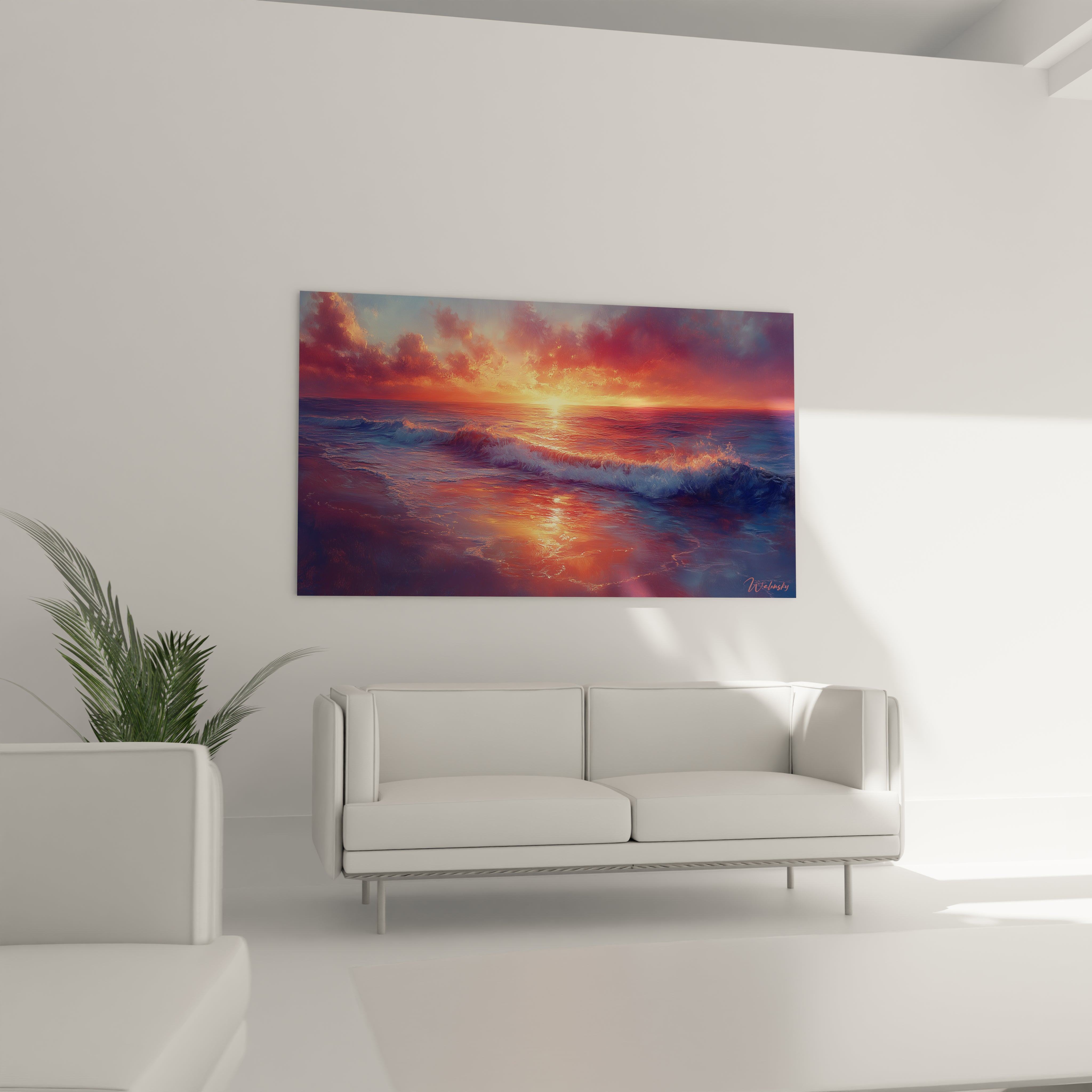 Un tableau représentant un coucher de soleil sur mer aux couleurs flamboyantes, dominé par des oranges éclatants et rouges profonds dans le ciel, un soleil central diffusant une lumière dorée sur l'eau bleue, avec des vagues détaillées au premier plan.
