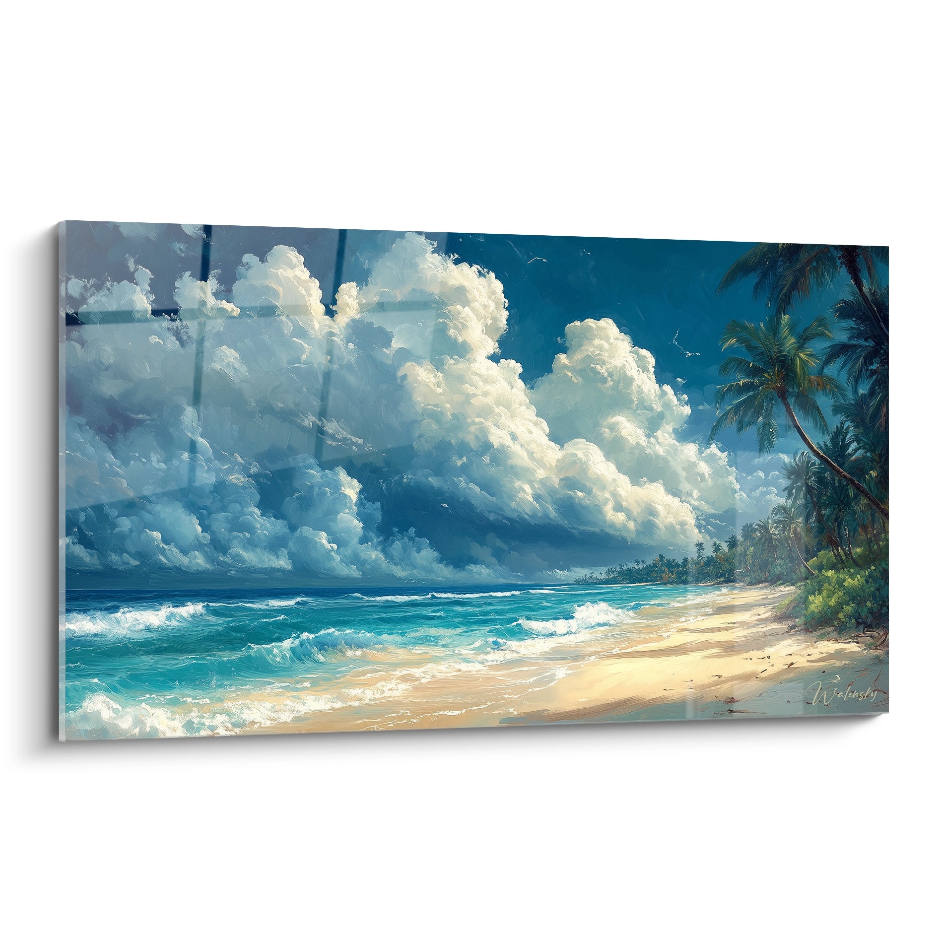Tableau plage tropicale présentant un littoral avec palmiers inclinés sur la droite, vagues turquoise déferlant sur sable doré, et ciel bleu dramatique rempli de nuages blancs volumineux.
