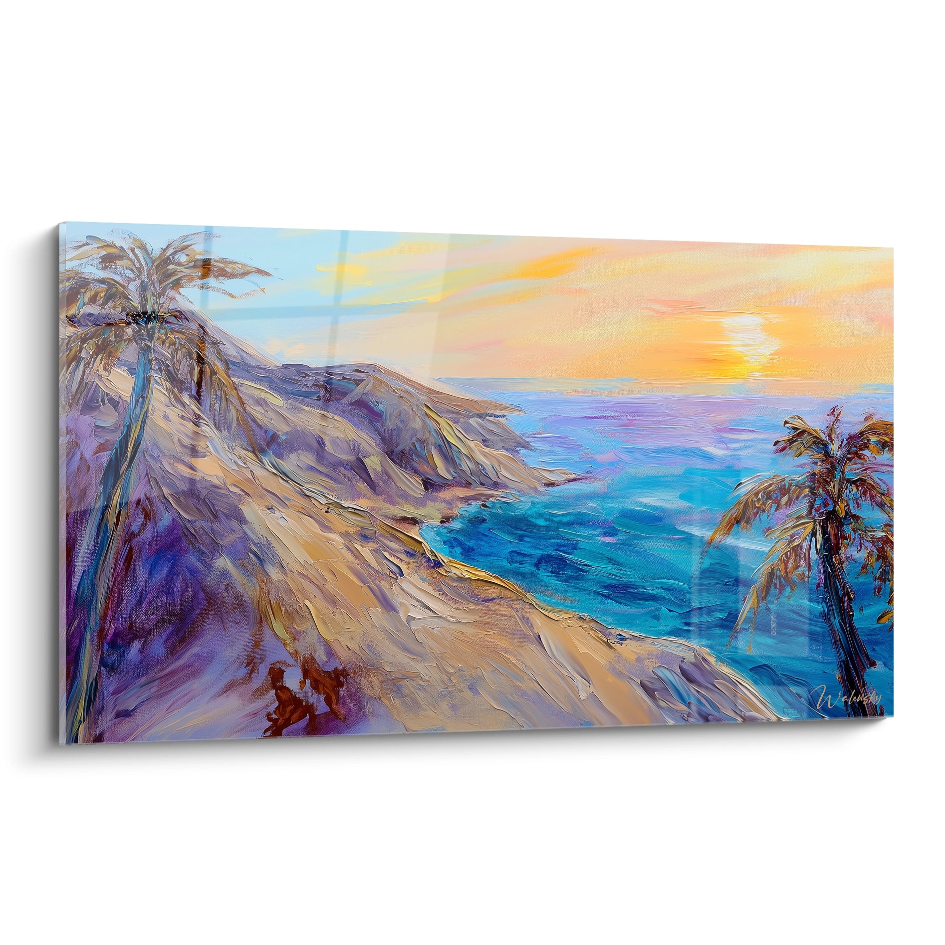 Un tableau artistique représentant un paysage côtier méditerranéen avec des falaises ocre et violettes plongeant dans une mer turquoise, deux palmiers encadrant la composition et un coucher de soleil aux teintes dorées illuminant l'horizon.
