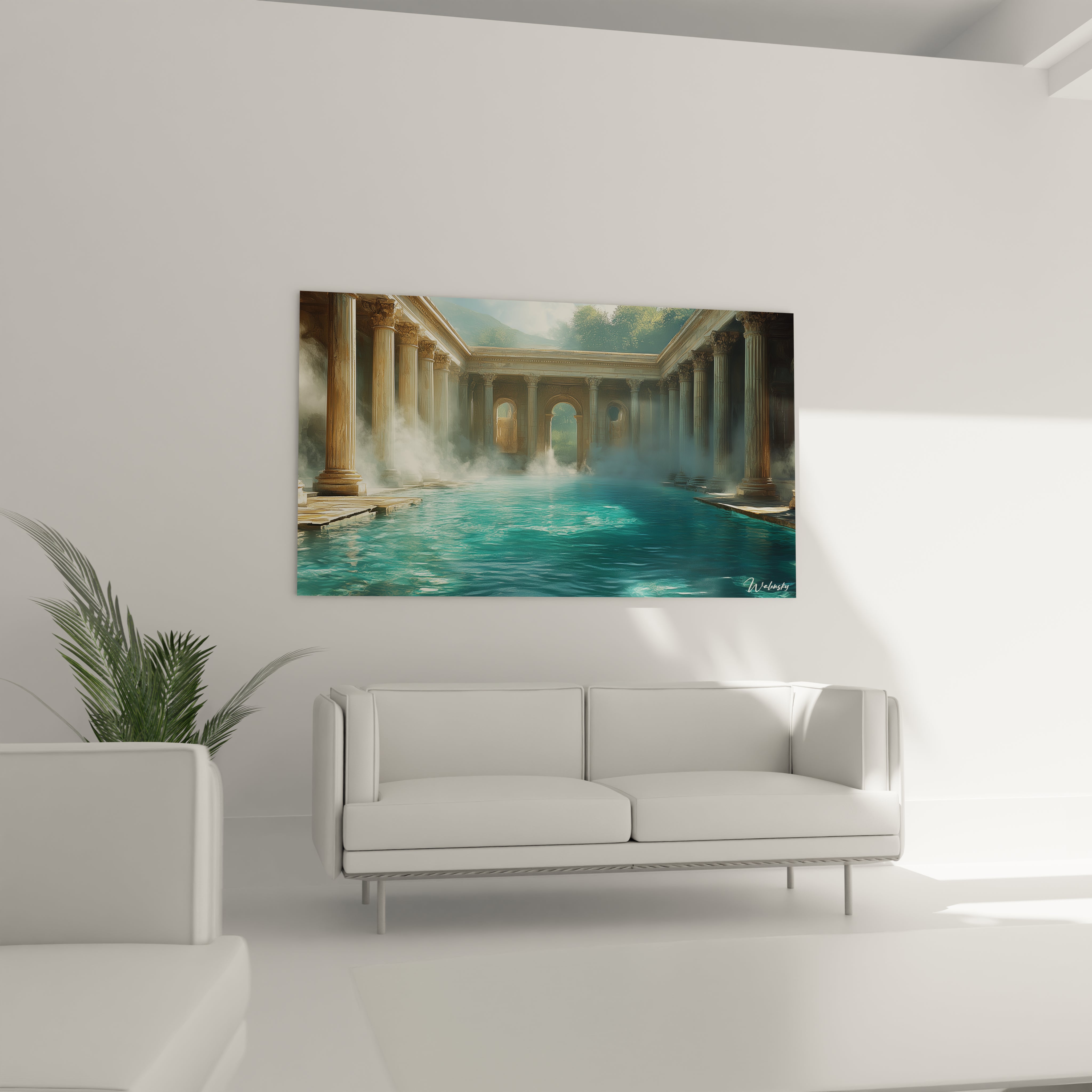 Un tableau de thermes antiques présentant un bassin d'eau turquoise brillante entouré de colonnes classiques massives, où la brume s'élève de la surface aqueuse, créant un jeu de lumière entre ombre et clarté à travers l'architecture imposante.
