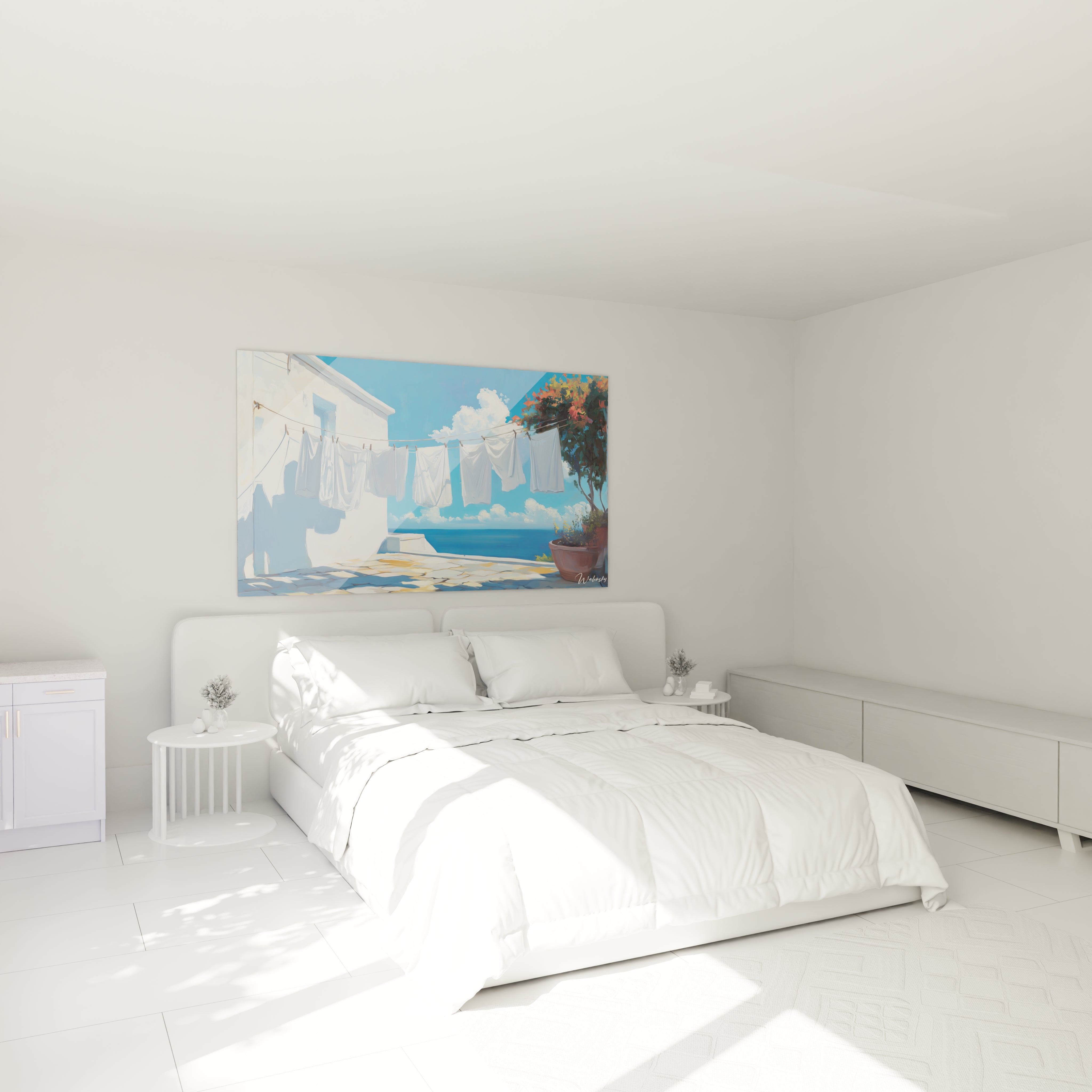 Un tableau côtier illustrant une terrasse ensoleillée aux dalles beiges, où flotte du linge blanc dans la brise marine, encadré par une architecture grecque immaculée et un arbre fleuri orangé, avec la mer bleue s'étendant jusqu'à l'horizon sous un ciel d'été.
