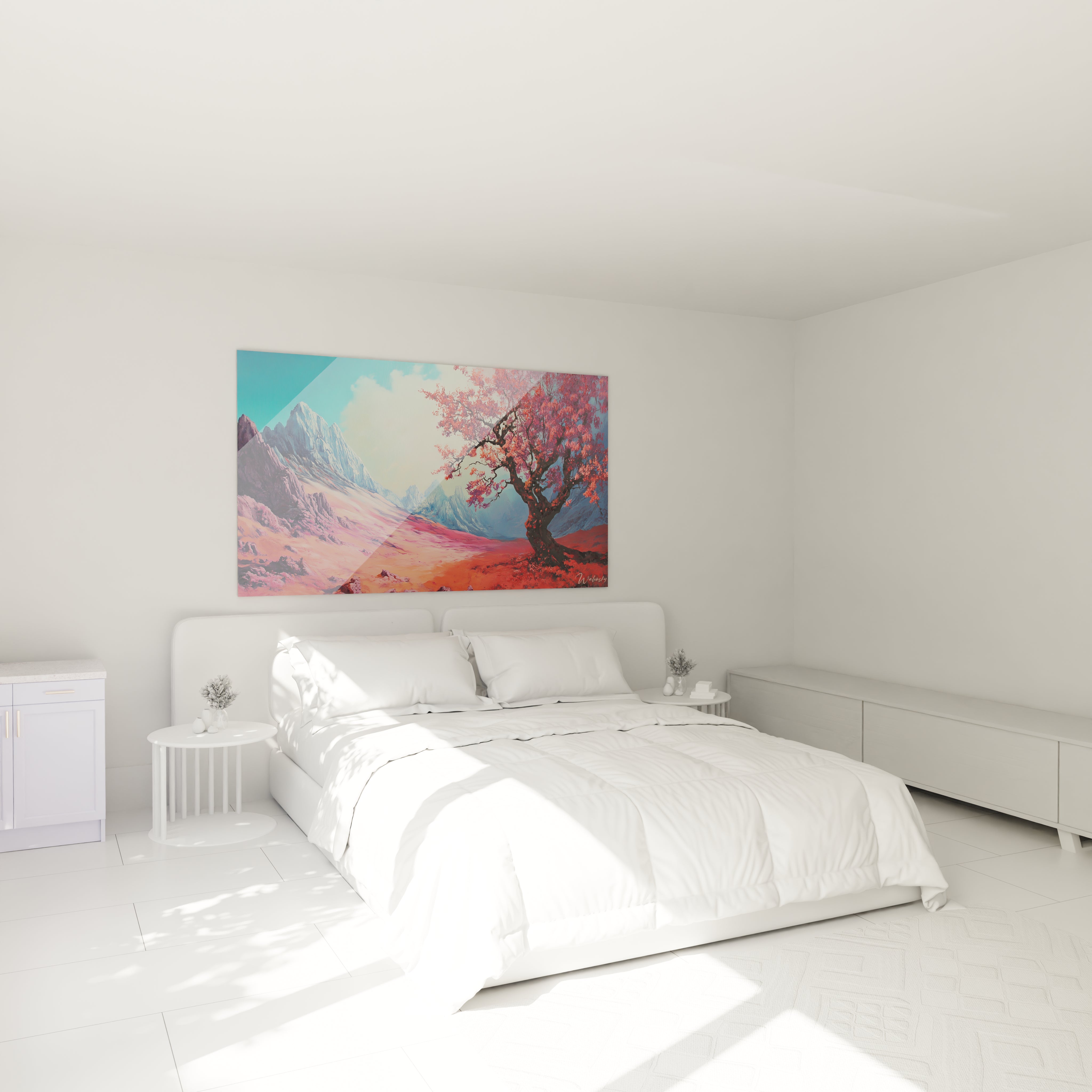 Tableau montagne contemporain montrant un paysage alpin stylisé avec un arbre rouge flamboyant au premier plan, des sommets bleutés et des pentes colorées en rose et orange vif.
