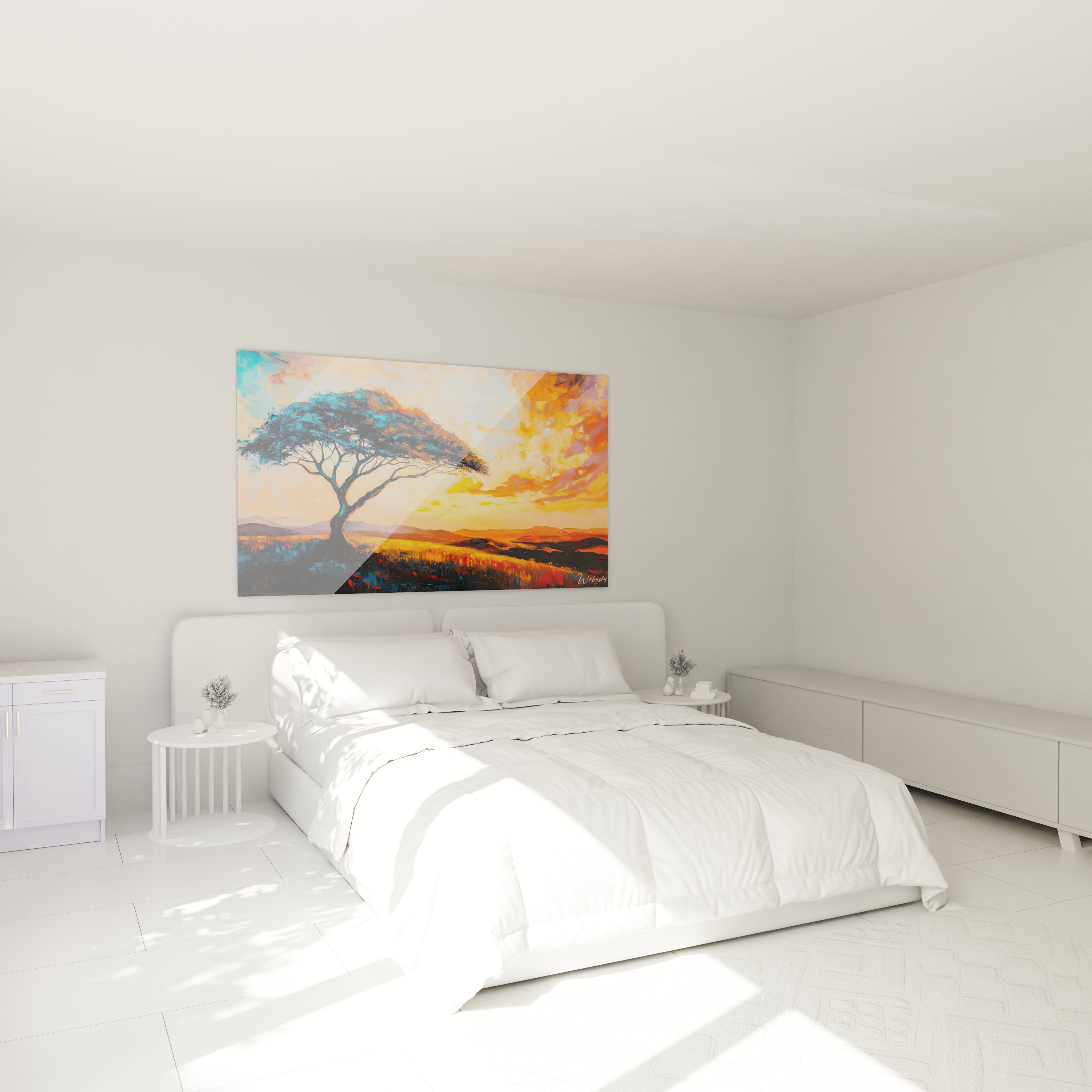 Un tableau savane crépusculaire capturant un arbre majestueux à silhouette noire et bleue sur fond de ciel aux couleurs chaudes orange et jaune, illuminant une étendue d'herbes dorées et rougeoyantes, avec des touches de peinture créant une texture vibrante.
