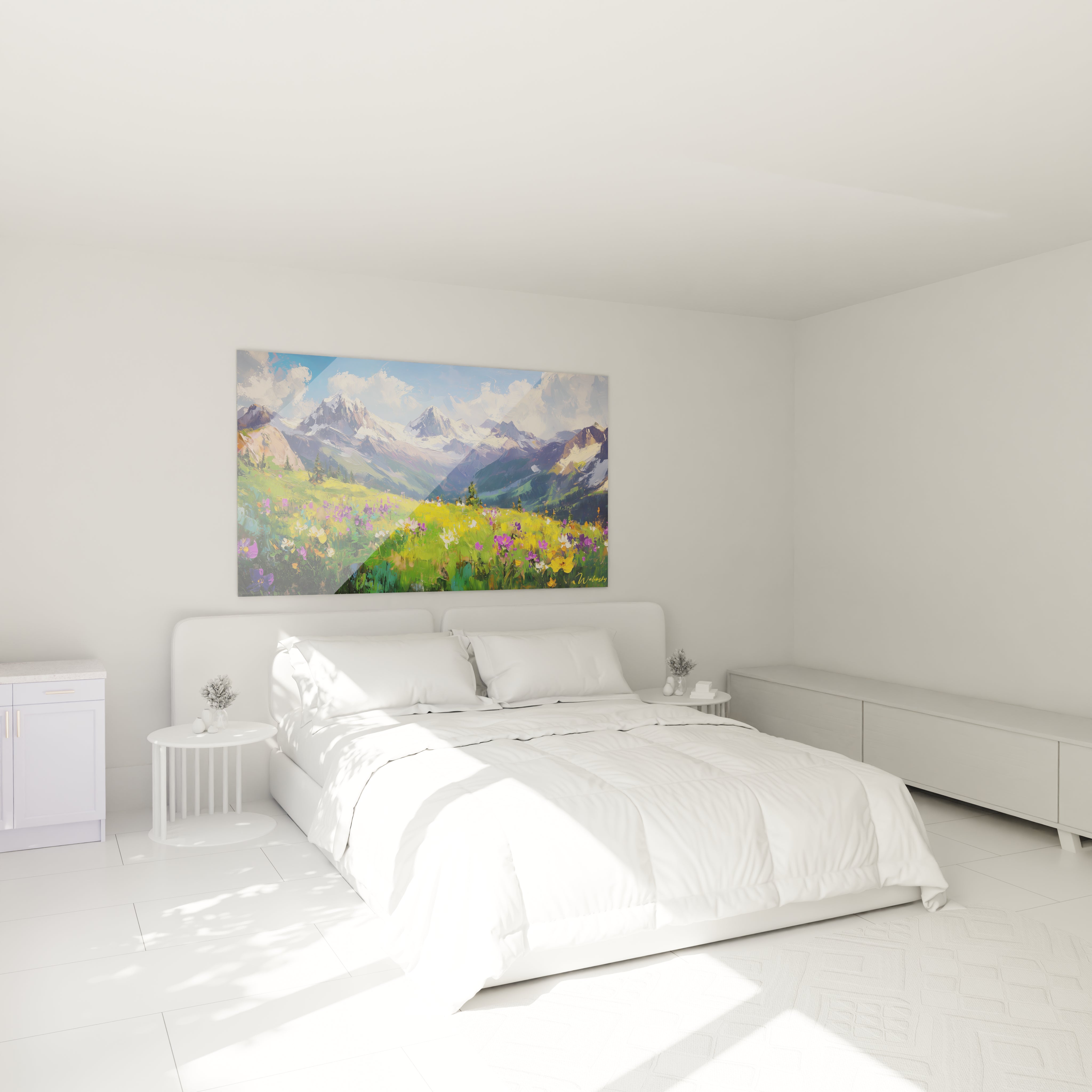 Tableau montagne artistique montrant une chaîne alpine majestueuse couronnée de neiges éternelles, avec un tapis de fleurs sauvages violettes, jaunes et blanches sur fond de ciel azur lumineux.
