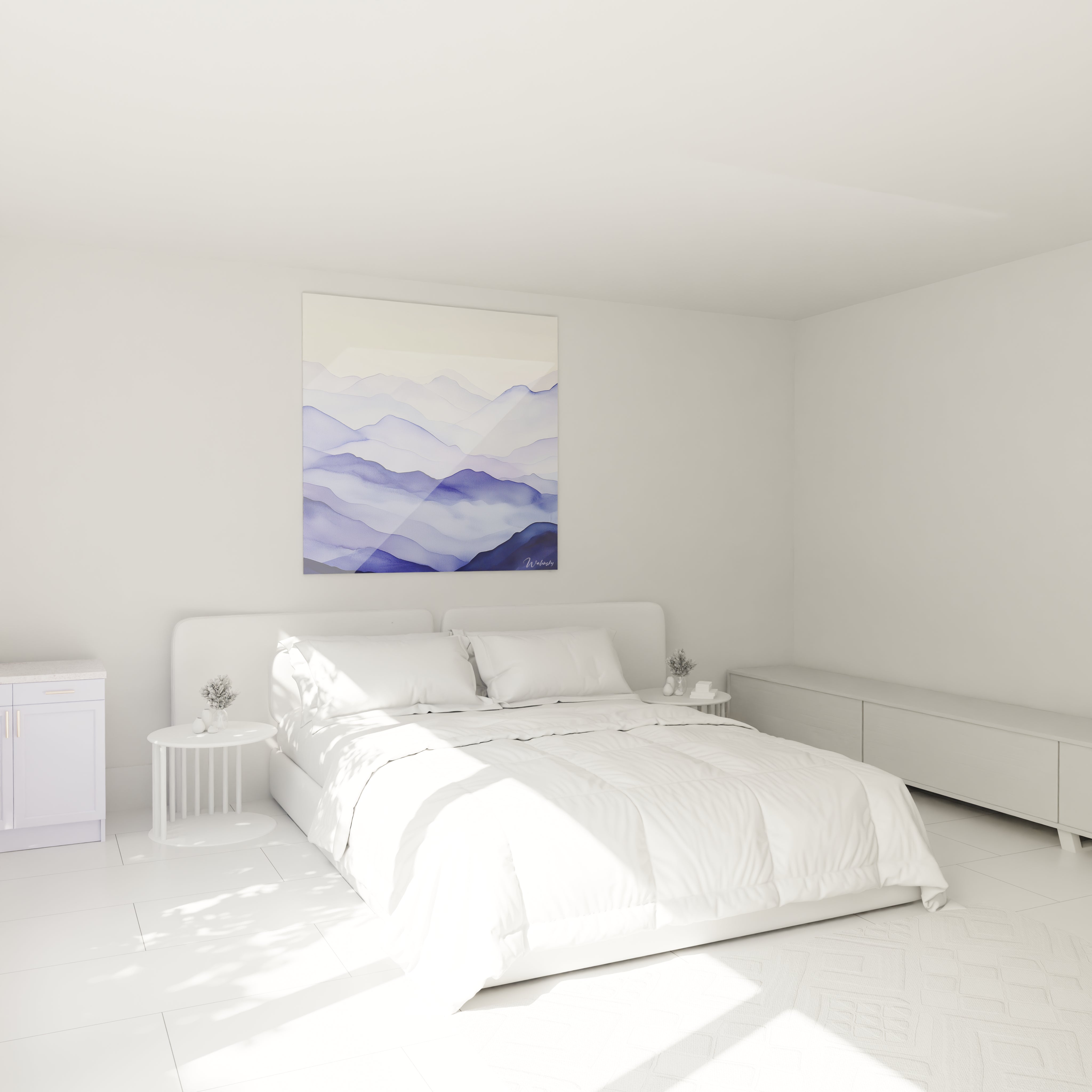Un tableau mer minimaliste montrant une succession de lignes ondulantes en teintes de bleu marine et violet pâle, créant une perspective brumeuse avec des superpositions translucides et un horizon lumineux sur fond blanc crémeux.
