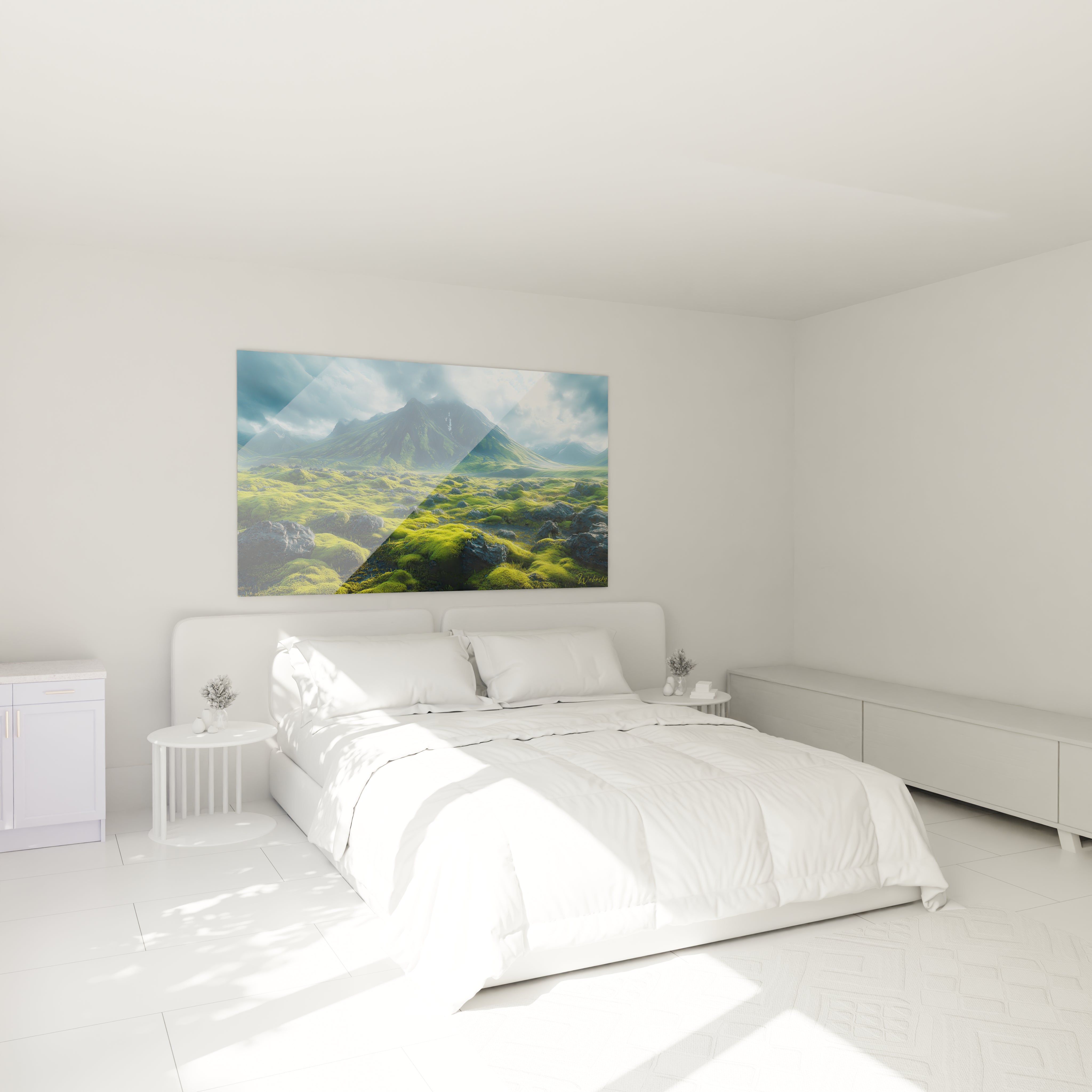 Tableau montagne illustrant un sommet volcanique imposant sur fond de ciel nuageux, avec un premier plan dominé par des mousses vert vif recouvrant des rochers volcaniques créant un contraste saisissant.
