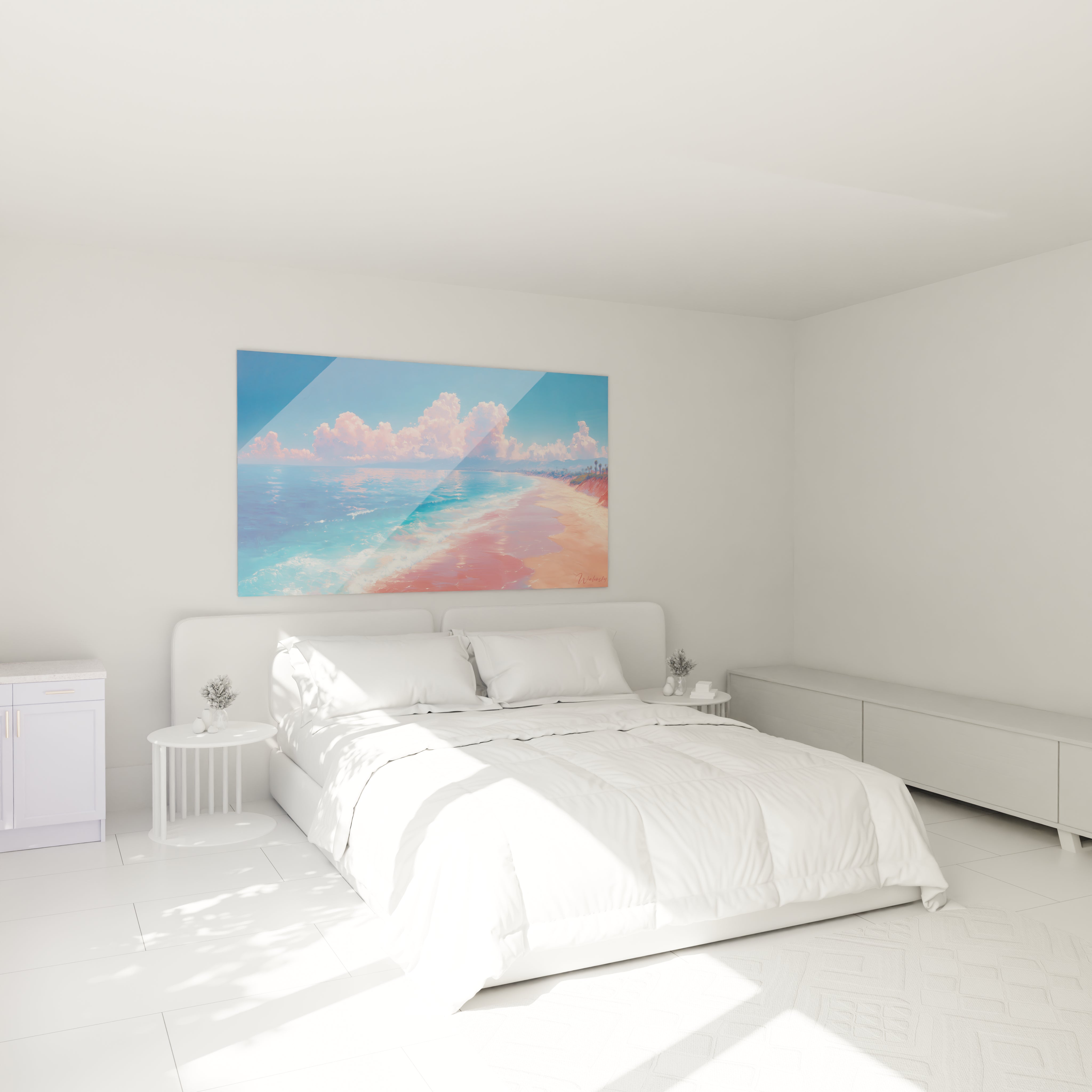 Un tableau plage montrant un paysage côtier tropical avec une mer bleu turquoise, du sable aux reflets rosés, des palmiers suggérés à l'horizon et d'imposants nuages roses sur fond de ciel azur.
