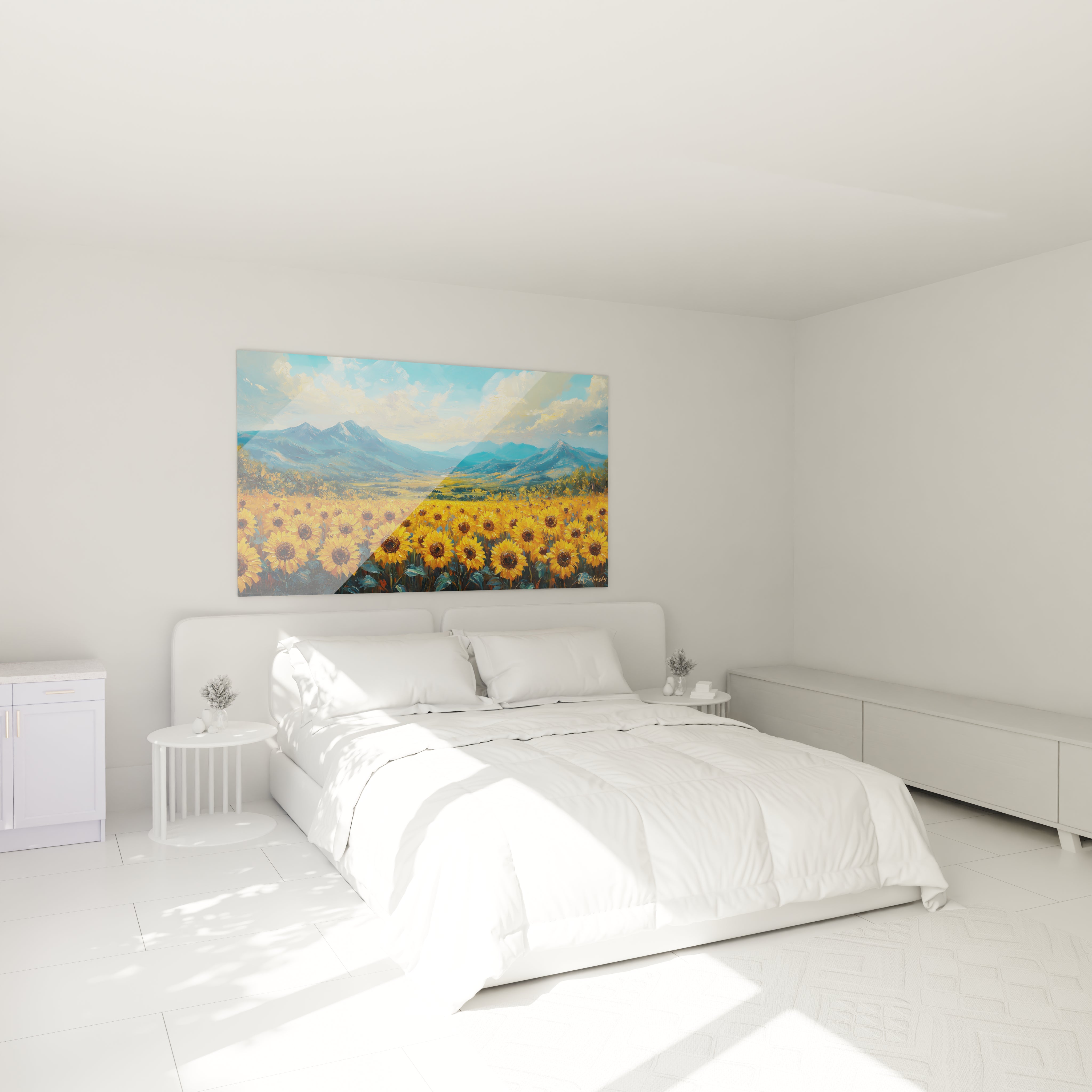 Tableau montagne présentant des rangées de tournesols dorés devant une chaîne alpine aux sommets enneigés dans des tons bleus et gris avec une végétation verte intermédiaire
