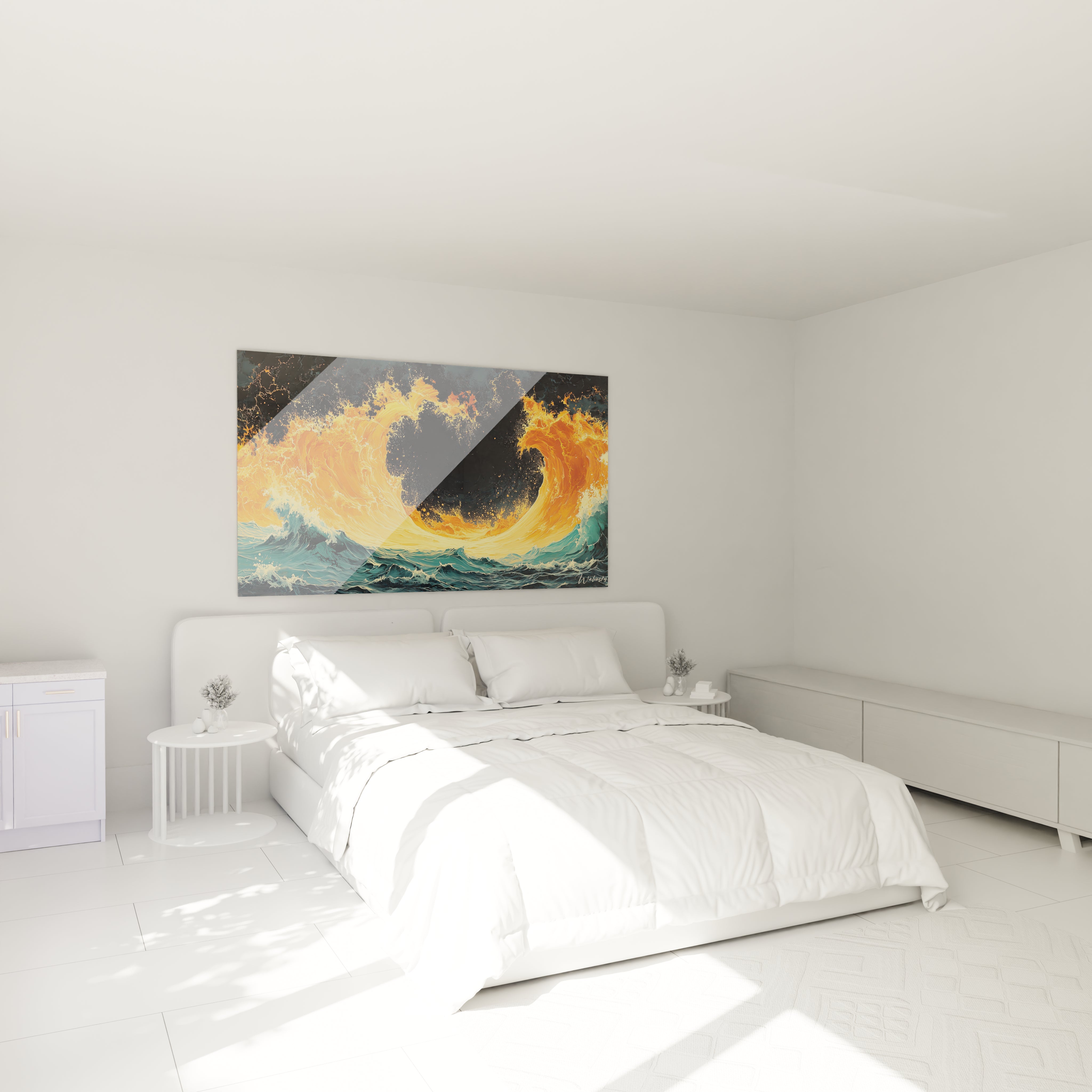 Un tableau mer dynamique illustrant une rencontre spectaculaire entre vagues turquoise et flammes orangées formant un anneau lumineux autour d'un centre noir profond, avec des éclaboussures détaillées et des motifs fluides créant une sensation de mouvement perpétuel.
