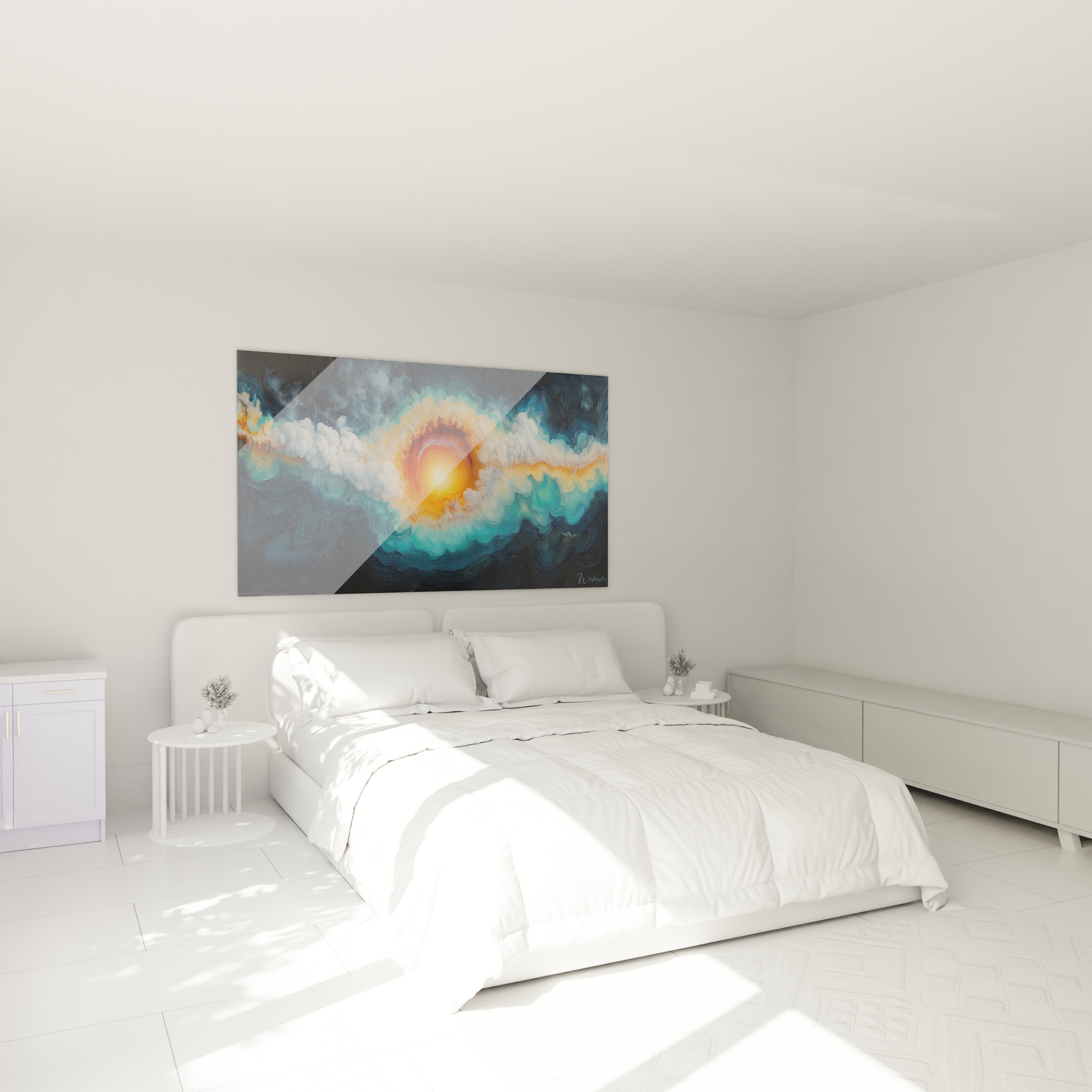 Un tableau cosmique montrant un orbe central lumineux orange-jaune émettant des rayons à travers un océan céleste bleu profond, avec des formations nuageuses blanches créant un contraste saisissant entre chaleur et froideur.
