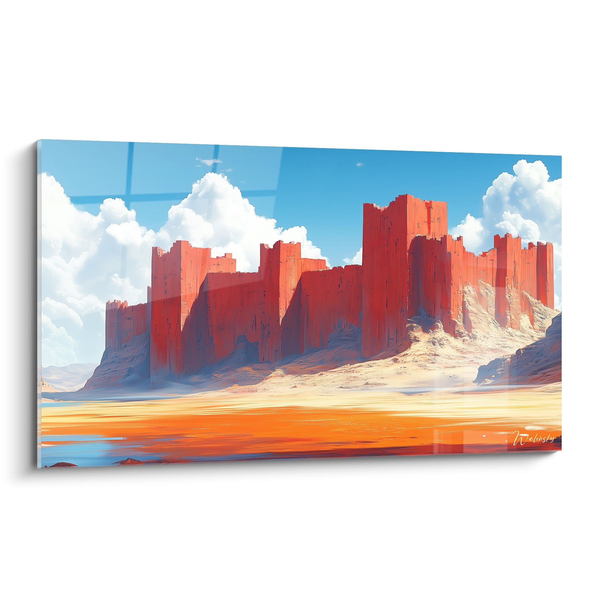 Un tableau désert représentant d'imposantes formations rocheuses orangées et rouges sous un ciel bleu parsemé de nuages blancs, avec des textures granitiques détaillées et des reflets dorés sur la roche.
