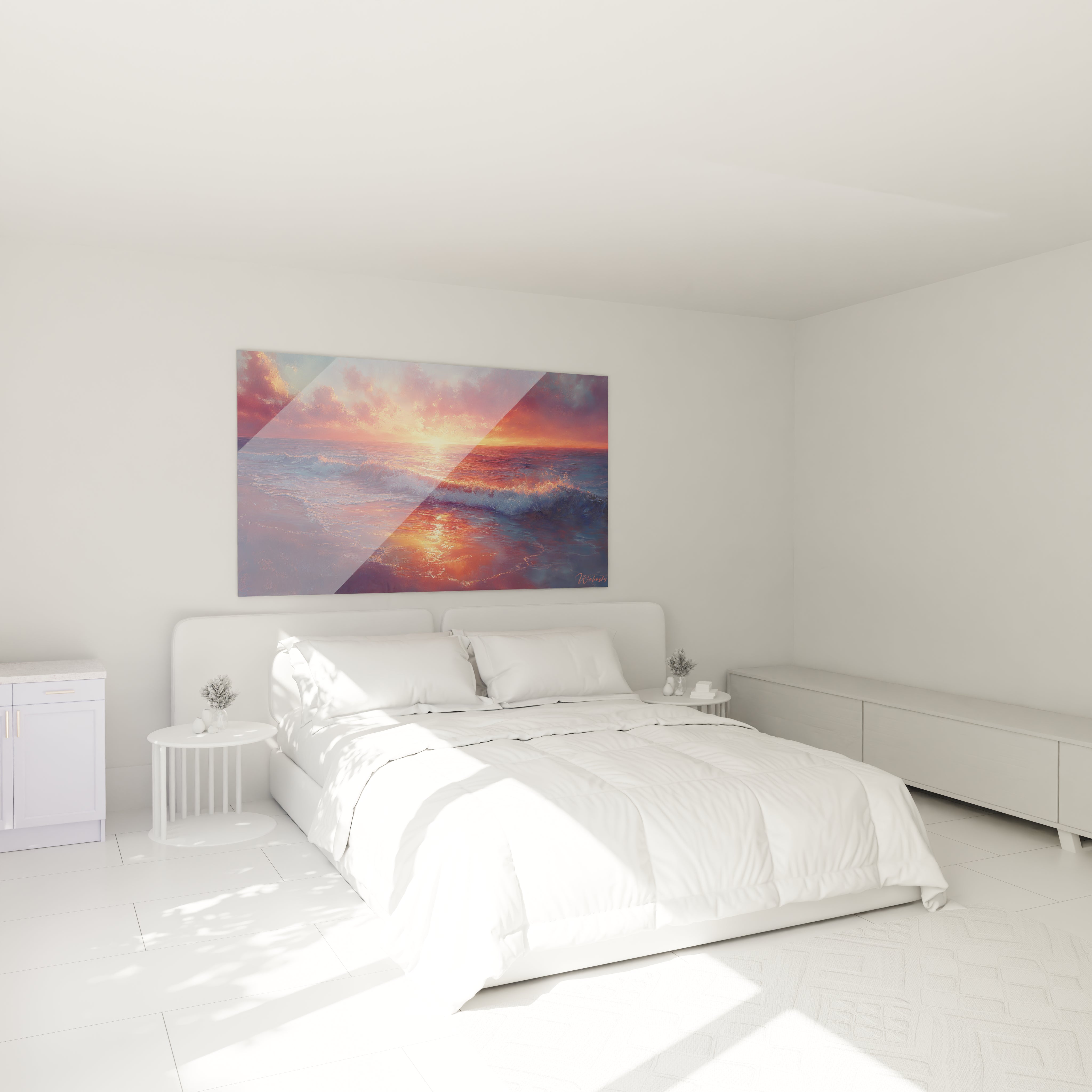 Tableau coucher de soleil spectaculaire présentant un horizon océanique embrasé de teintes orangées et rougeâtres, des nuages texturés dans un ciel crépusculaire, des reflets dorés scintillant sur les vagues, avec une composition horizontale équilibrée.
