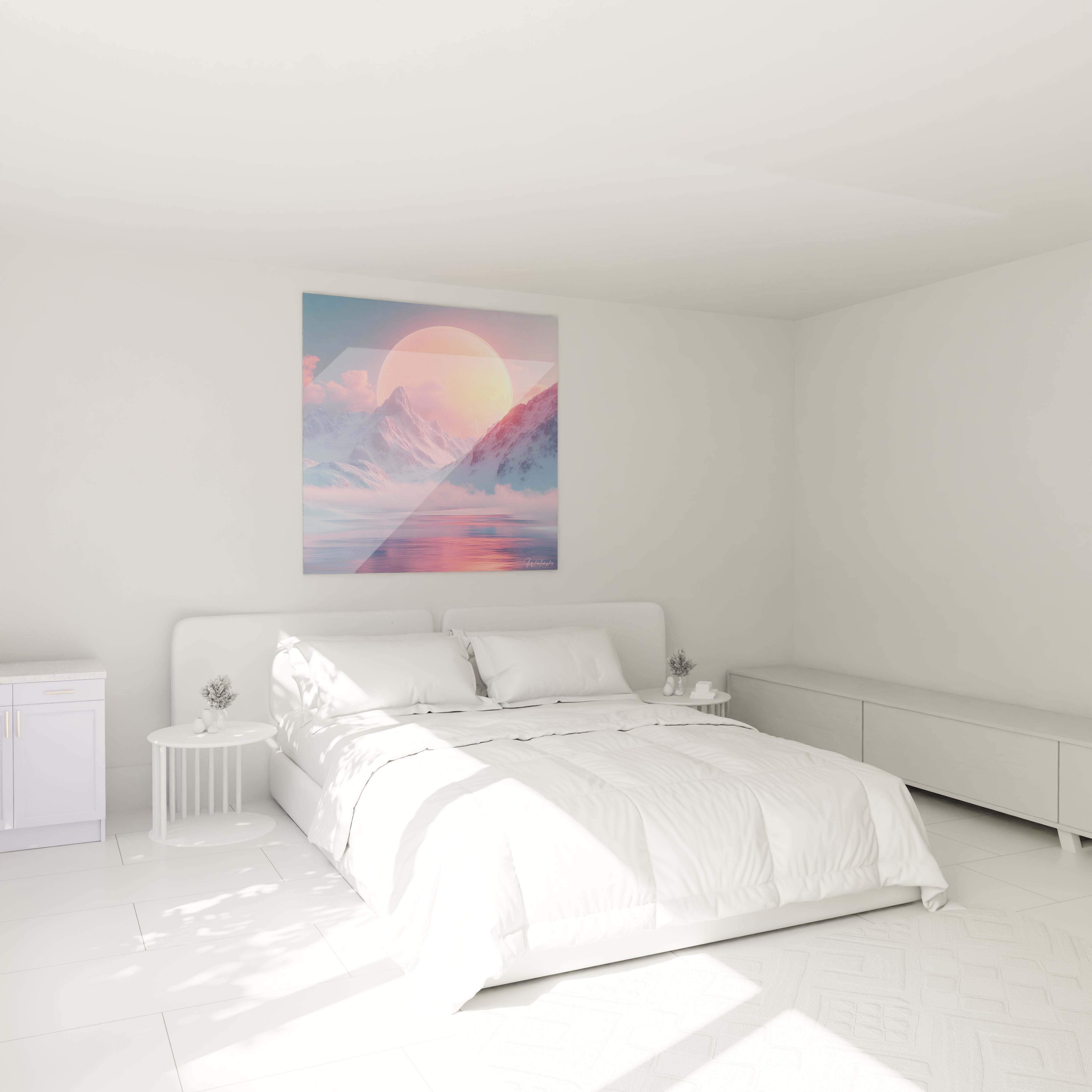Un tableau montagne surréaliste où un soleil rose-orangé domine l'horizon entre des pics alpins. Les sommets blancs contrastent avec le ciel bleu-rose, tandis que des nuages roses flottent délicatement, se reflétant sur une étendue d'eau calme aux couleurs irisées.
