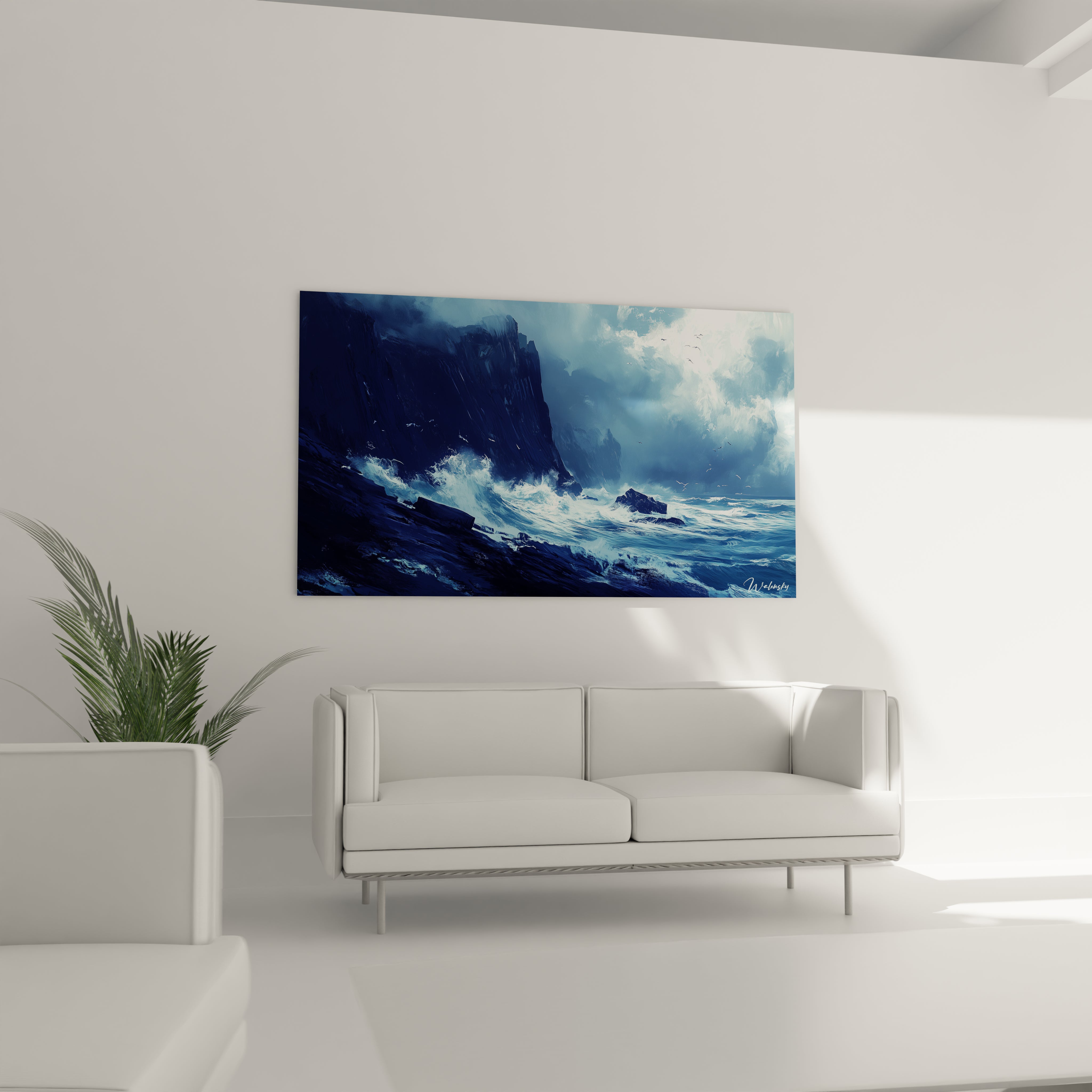 Un tableau mer capturant l'instant précis où la force brute de l'océan rencontre d'imposantes formations rocheuses, dans une ambiance chromatique allant du bleu profond au blanc éclatant, avec des textures visibles rendant le mouvement perpétuel de l'eau et la solidité immuable de la pierre.
