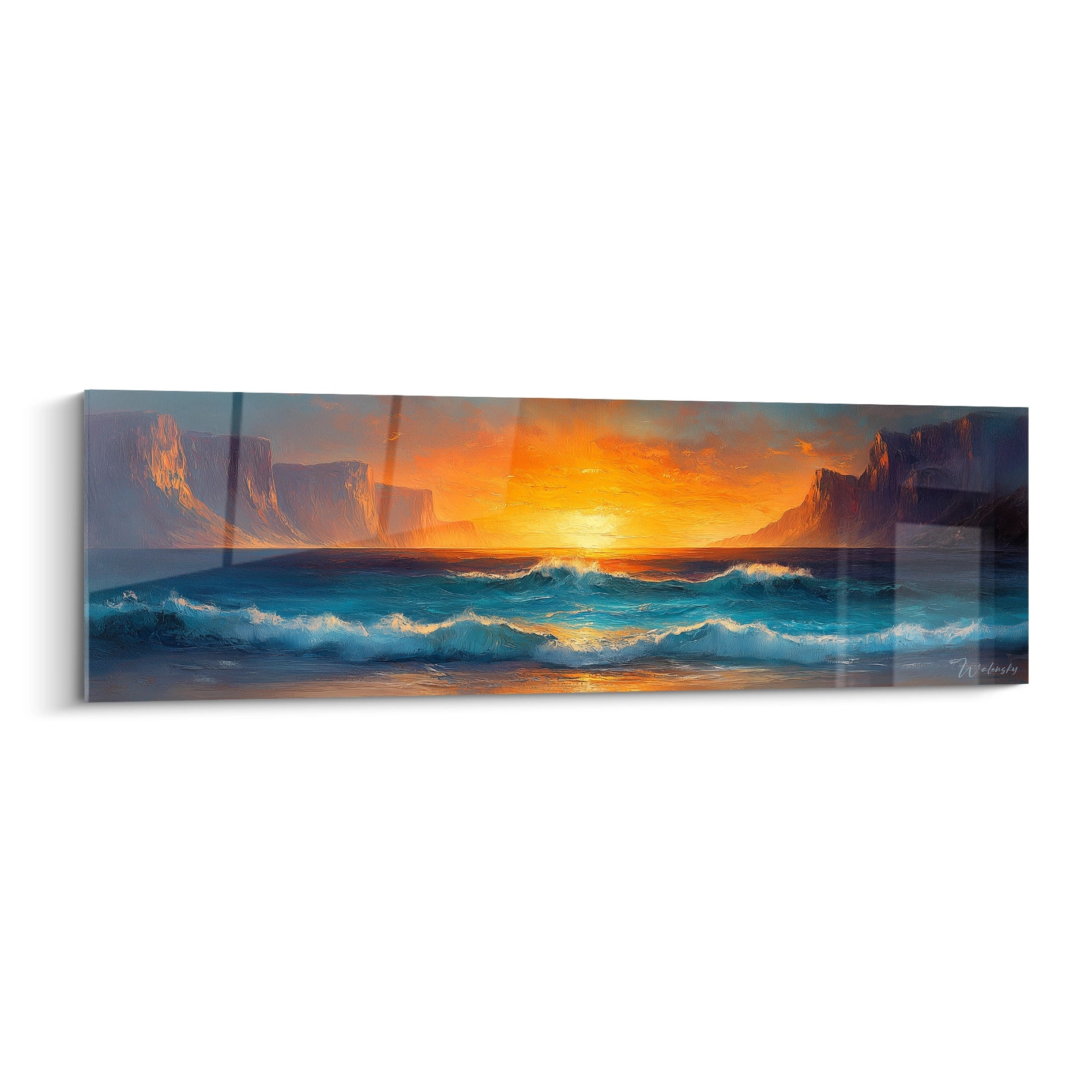 Tableau plage représentant un coucher de soleil flamboyant orange et doré sur un océan turquoise agité, avec des vagues écumeuses détaillées au premier plan et des falaises imposantes encadrant la scène, le tout dans un style réaliste texturé.

