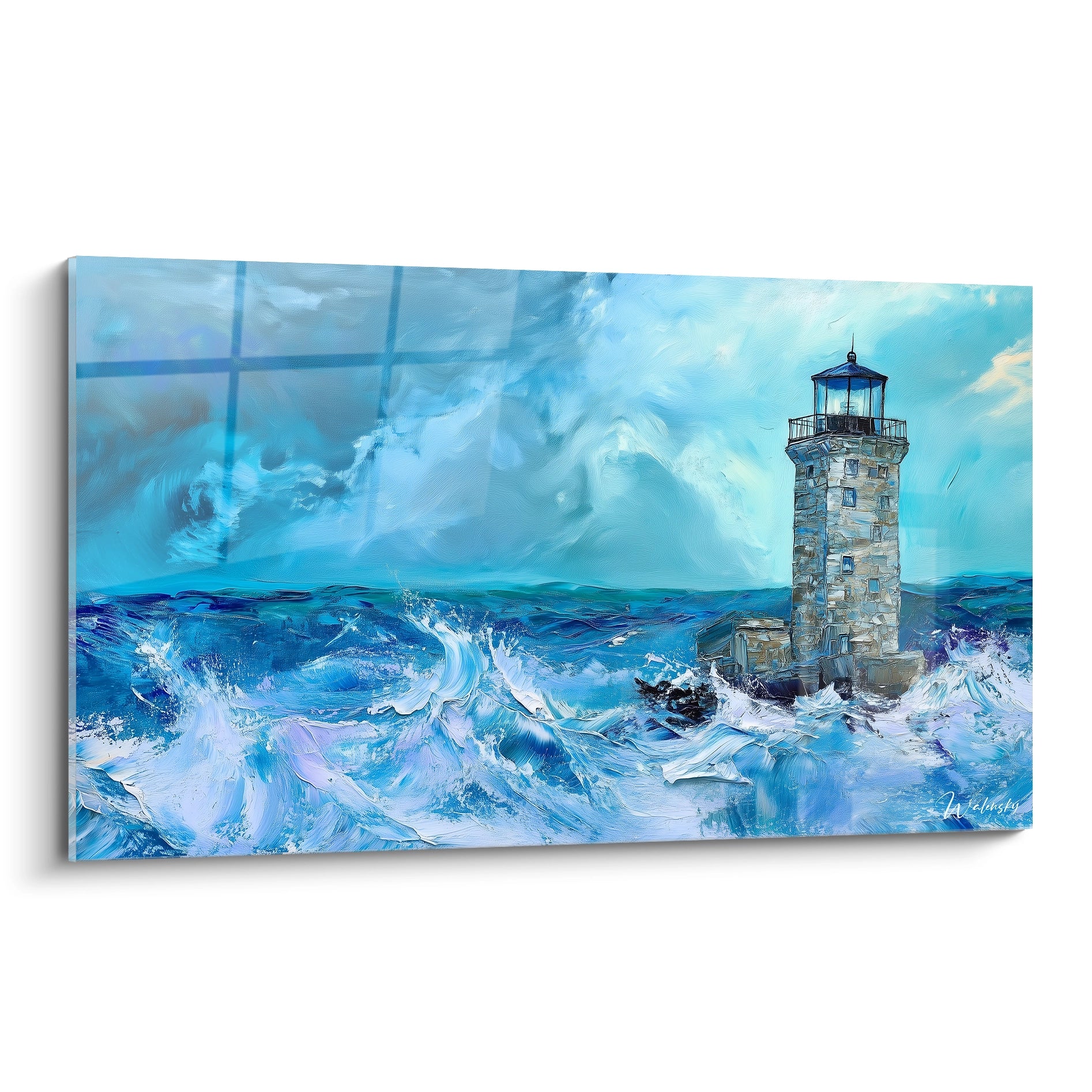 Tableau phare maritime avec structure en pierre beige entourée de vagues bleues tumultueuses, montrant une mer déchaînée avec écume blanche et ciel aux nuances de bleu, capturant le contraste entre la solidité du phare et la force de l'océan.
