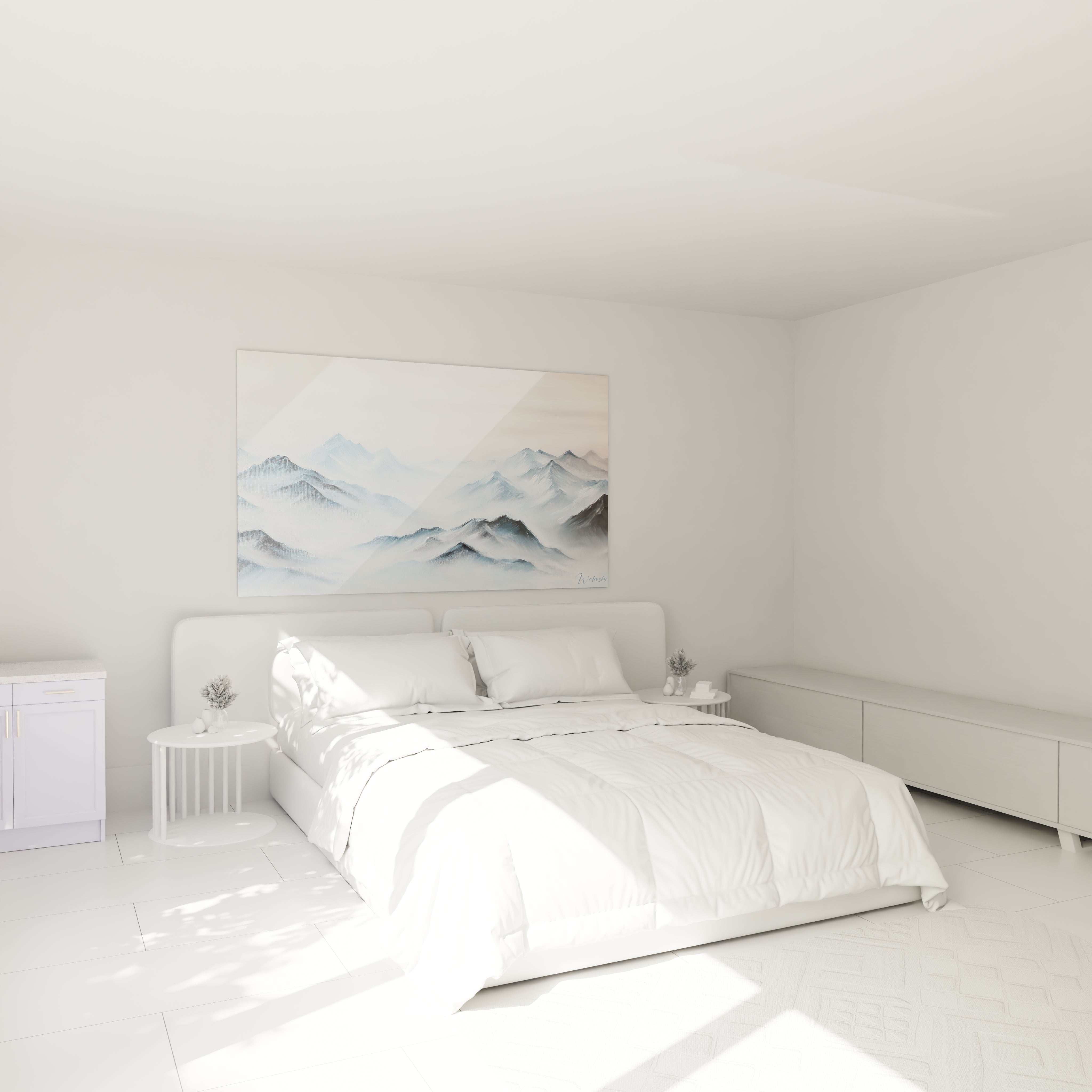 Un tableau montagne minimaliste aux tons bleus et gris, montrant une succession de reliefs montagneux enveloppés de brume, où les sommets émergent à différentes hauteurs créant un rythme visuel apaisant.

