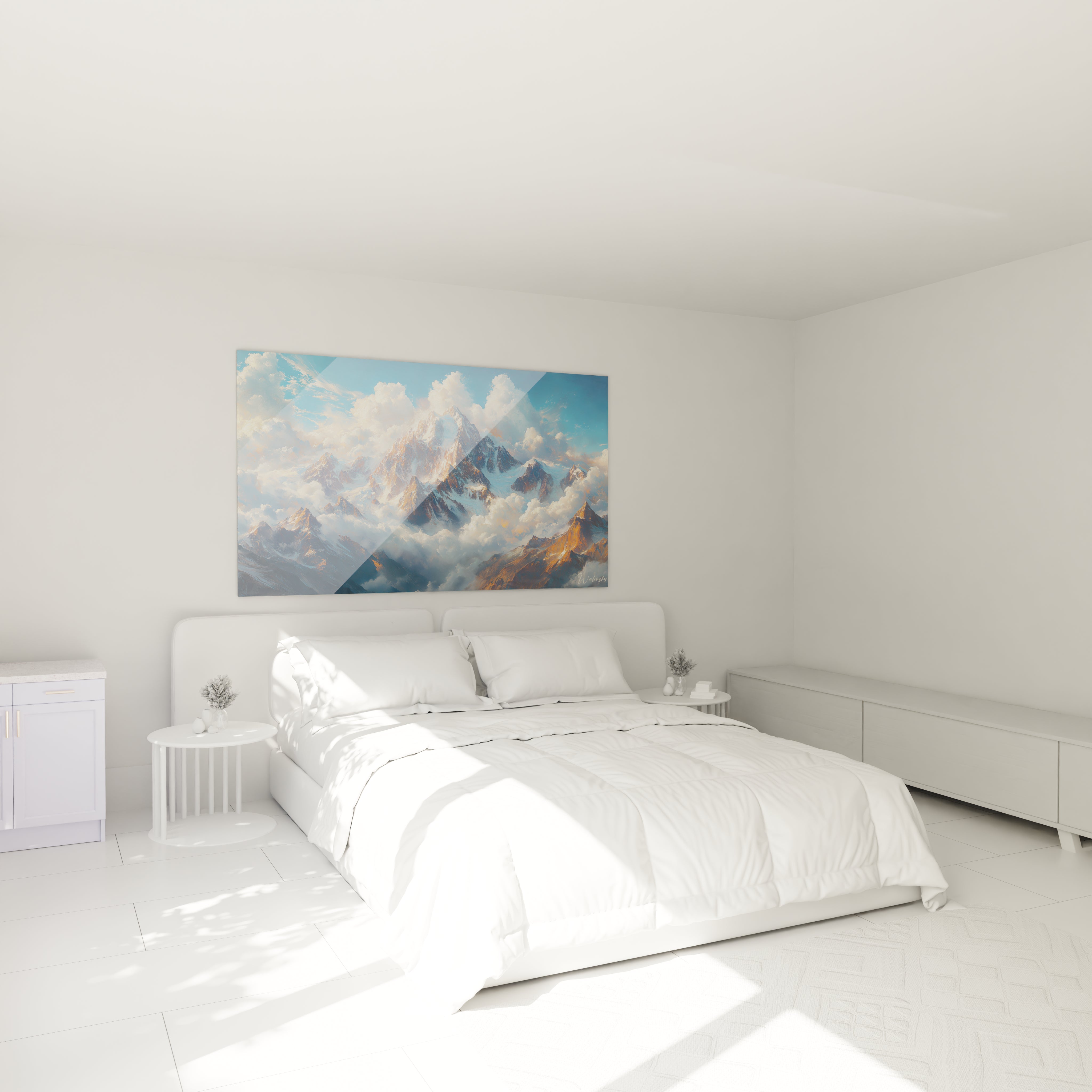 Un tableau montagne majestueux présentant une chaîne de pics alpins baignés dans une lumière dorée, entourés de nuages vaporeux blancs se détachant sur un ciel bleu profond, avec des textures variées entre les surfaces rocheuses et les zones neigeuses.
