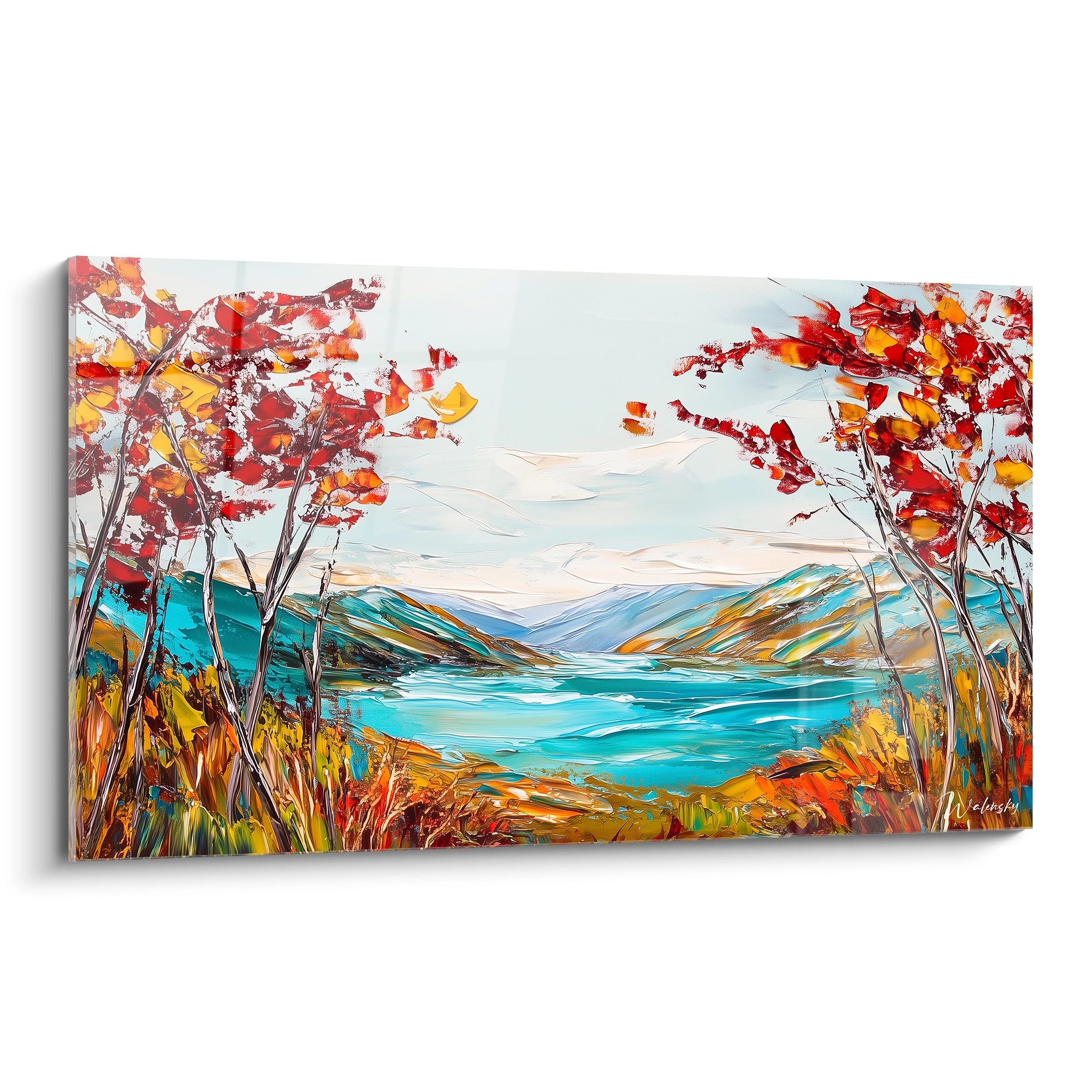 Tableau montagne aux couleurs flamboyantes représentant un paysage automnal avec lac turquoise entouré d'arbres rouge-orange et montagnes bleues à l'horizon, textures en relief créées au couteau à palette sur fond de ciel clair.
