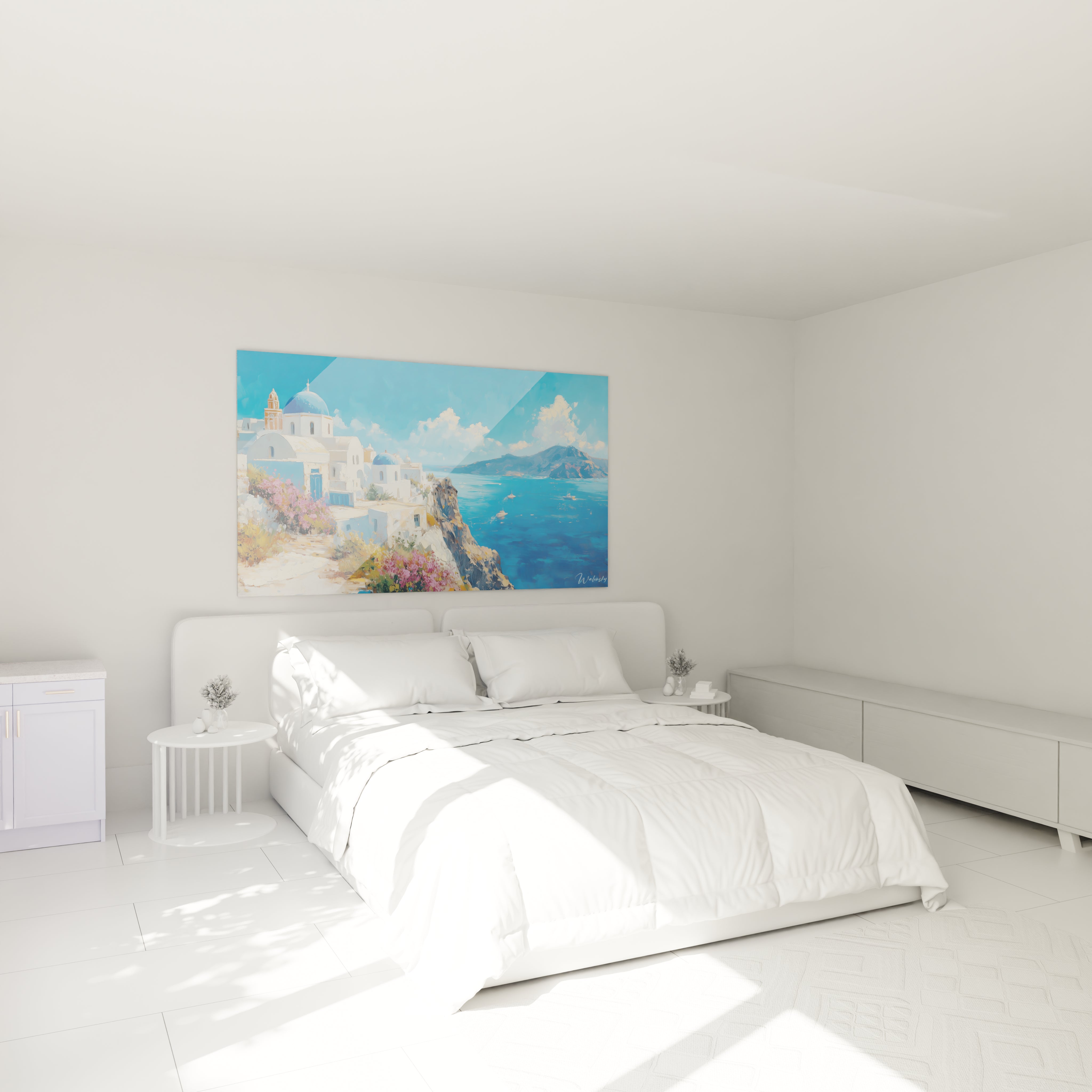 Tableau méditerranéen capturant l'architecture cycladique de Santorini avec ses bâtiments blancs immaculés, dômes bleu cobalt, contre la mer Égée turquoise, sous un ciel clair, agrémenté de touches florales roses.

