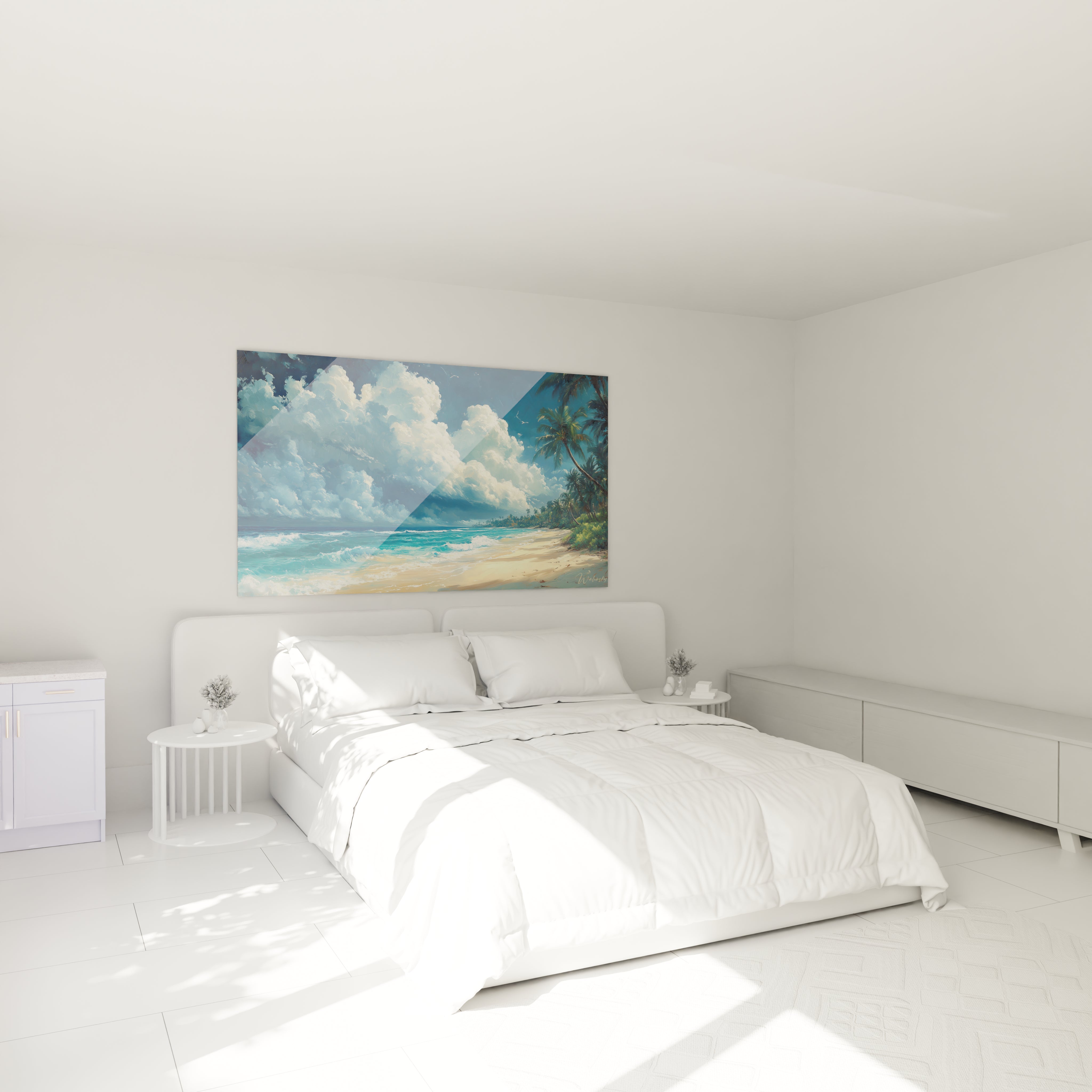 Un tableau plage montrant un paysage côtier tropical dominé par d'imposantes formations nuageuses blanches et grises, océan bleu turquoise avec écume blanche, et végétation luxuriante incluant palmiers verts.

