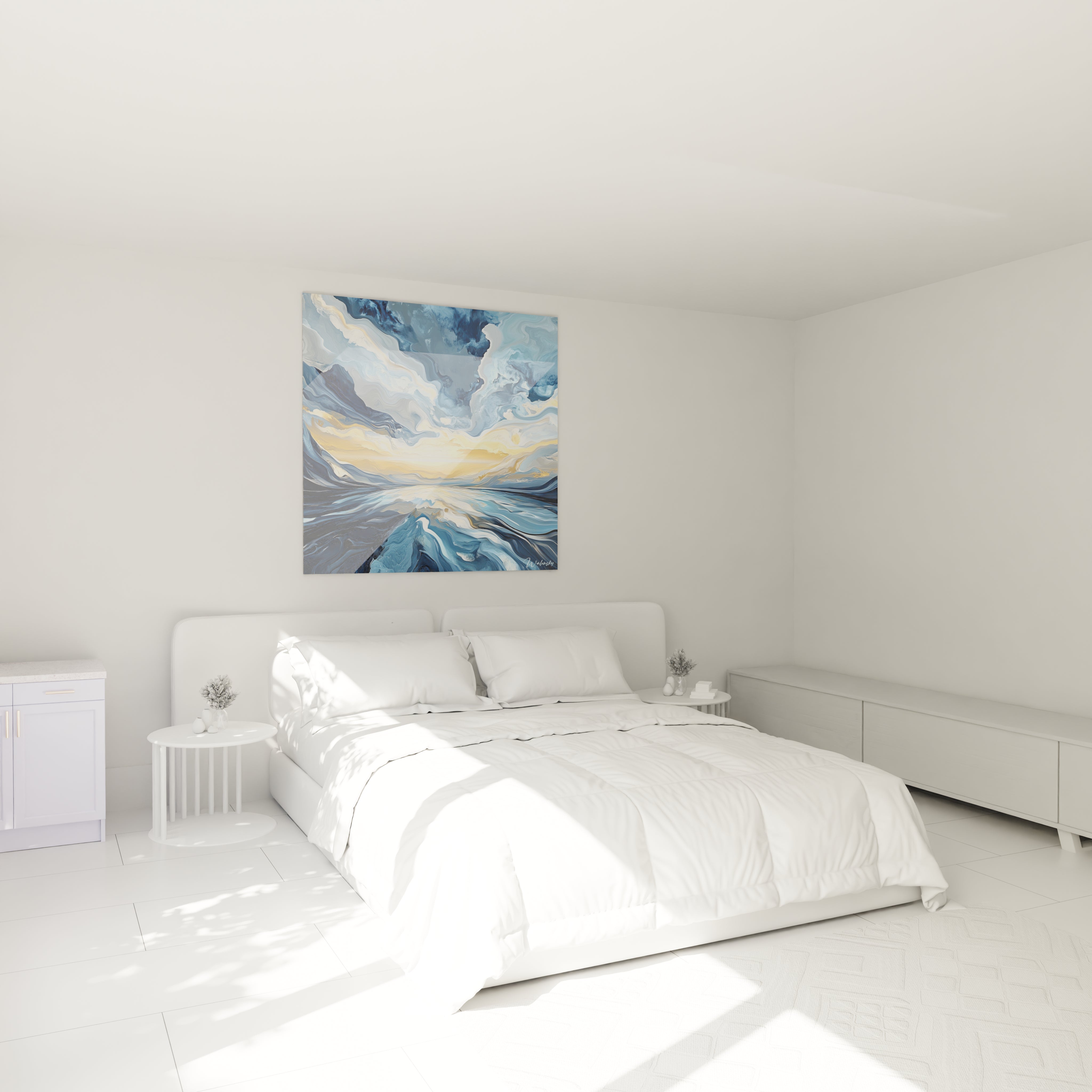Un tableau mer aux courants bleutés multidimensionnels qui s'entrelacent harmonieusement avec des reflets dorés et blancs, présentant une composition symétrique où les vagues semblent converger vers un horizon lumineux et texturé.
