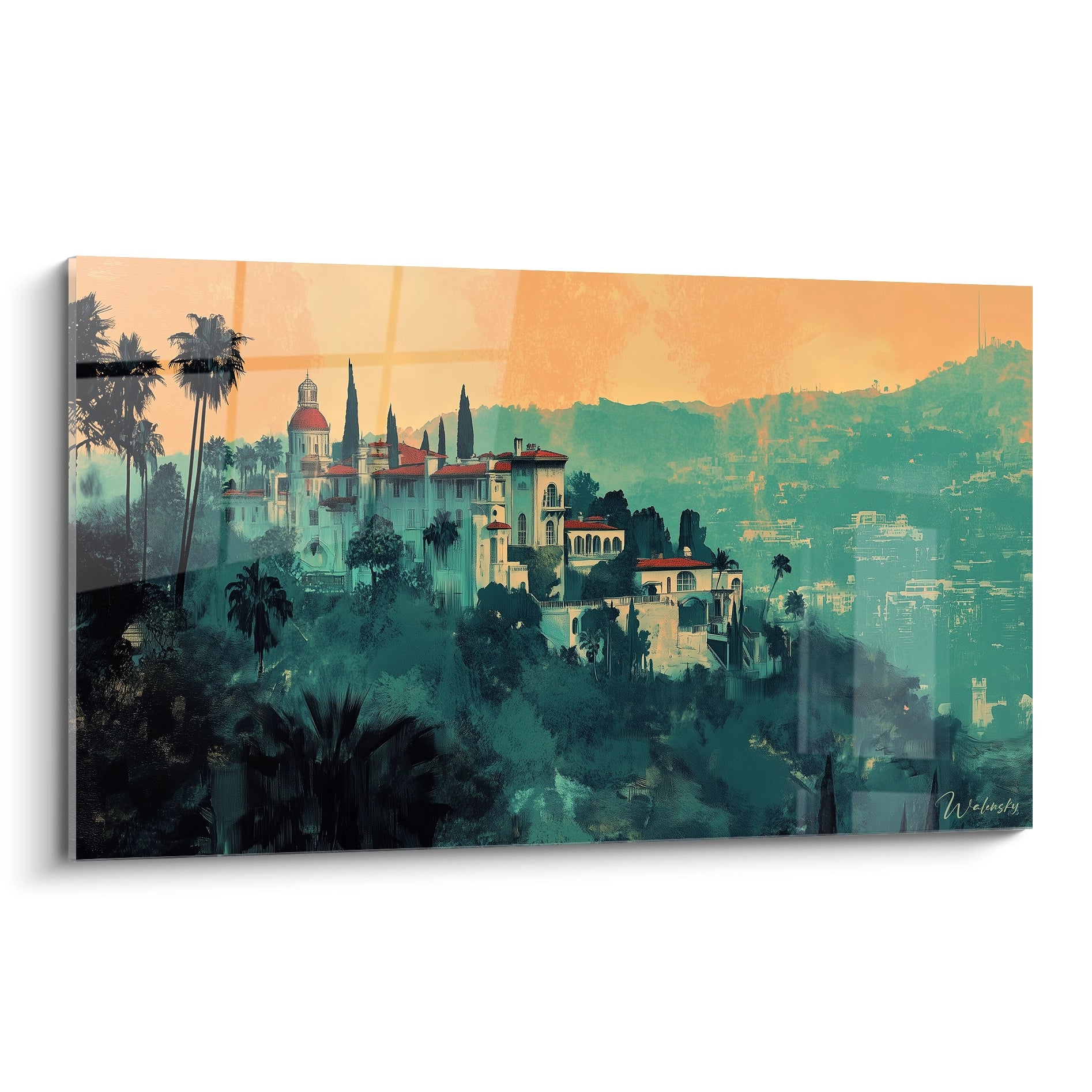 Tableau méditerranéen représentant une villa blanche aux toits rouges entourée de palmiers, avec un ciel orange crépusculaire contrastant avec des collines turquoise, dans un style semi-impressionniste aux textures vaporeuses évoquant la côte californienne.
