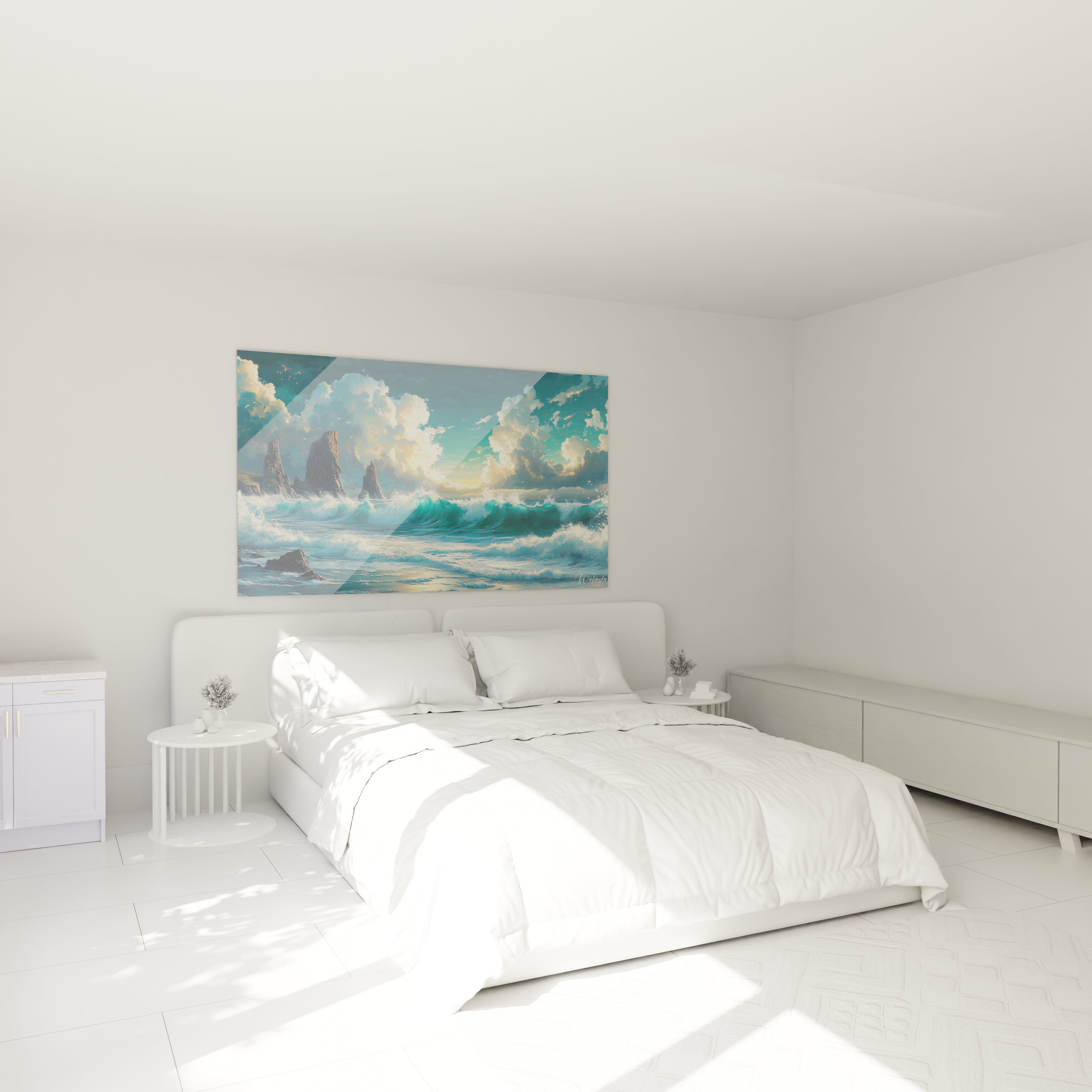 Un tableau mer dynamique capturant l'instant où des vagues turquoise déferlent autour de trois aiguilles rocheuses sombres, avec un ciel azur parsemé de nuages blancs et dorés, présentant des textures variées entre l'écume blanche et les surfaces lisses de l'eau.
