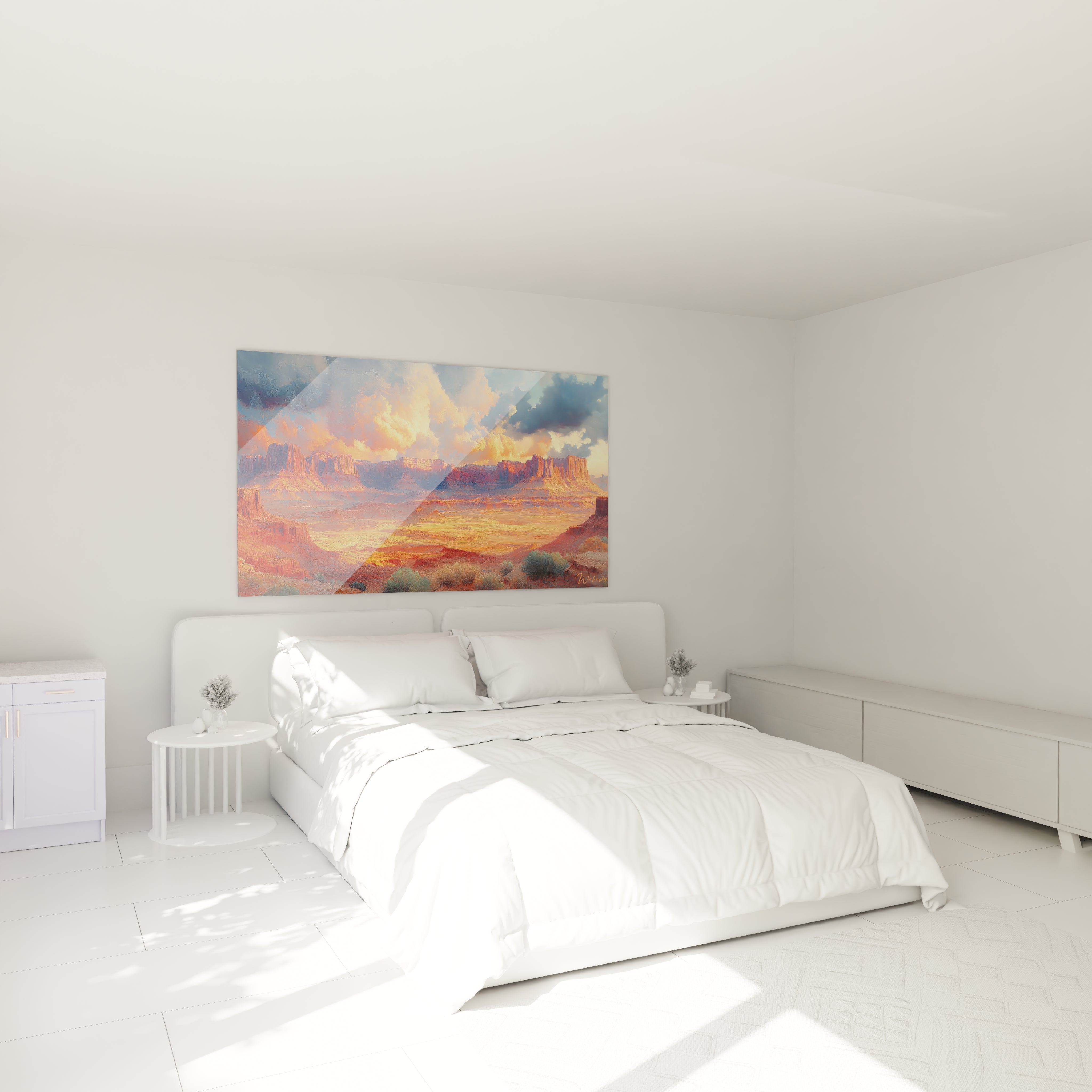 Tableau désert montrant des mesas iconiques baignées de lumière dorée au coucher du soleil avec un ciel embrasé mélangeant orange vif, rouge profond et violet.
