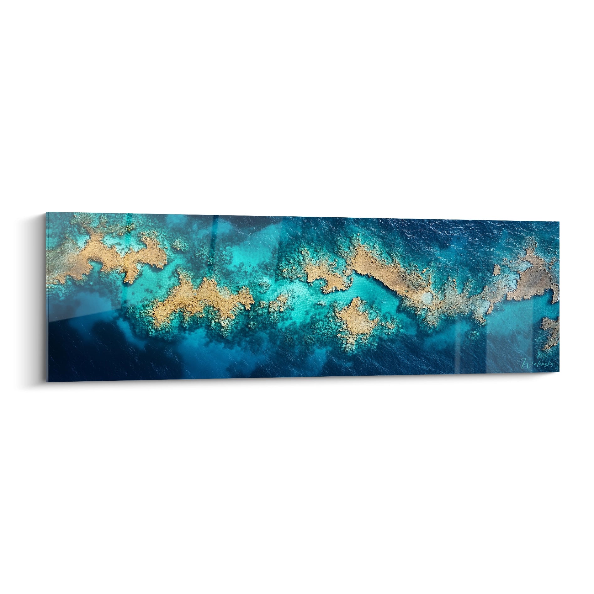 Tableau plage aérienne représentant une vue surplombante de récifs coralliens et bancs de sable dorés contrastant avec différentes nuances d'eau turquoise et bleu profond, créant un motif organique naturel aux textures variées.

