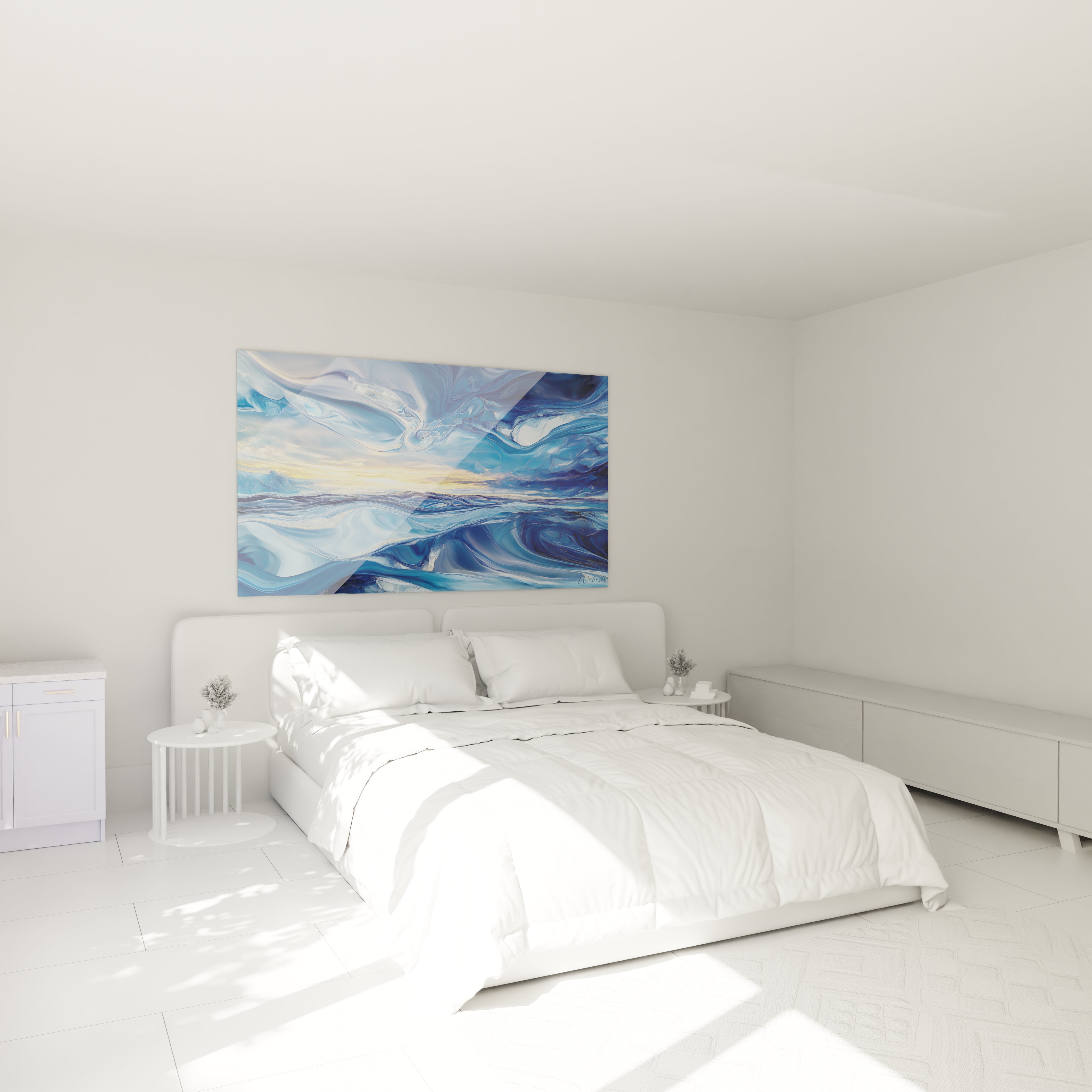 Un tableau marin aux tons bleus profonds et azur clair, représentant un paysage océanique abstrait où des courants fluides s'entrelacent avec un horizon lumineux doré, créant une impression de profondeur infinie et de mouvement continu.

