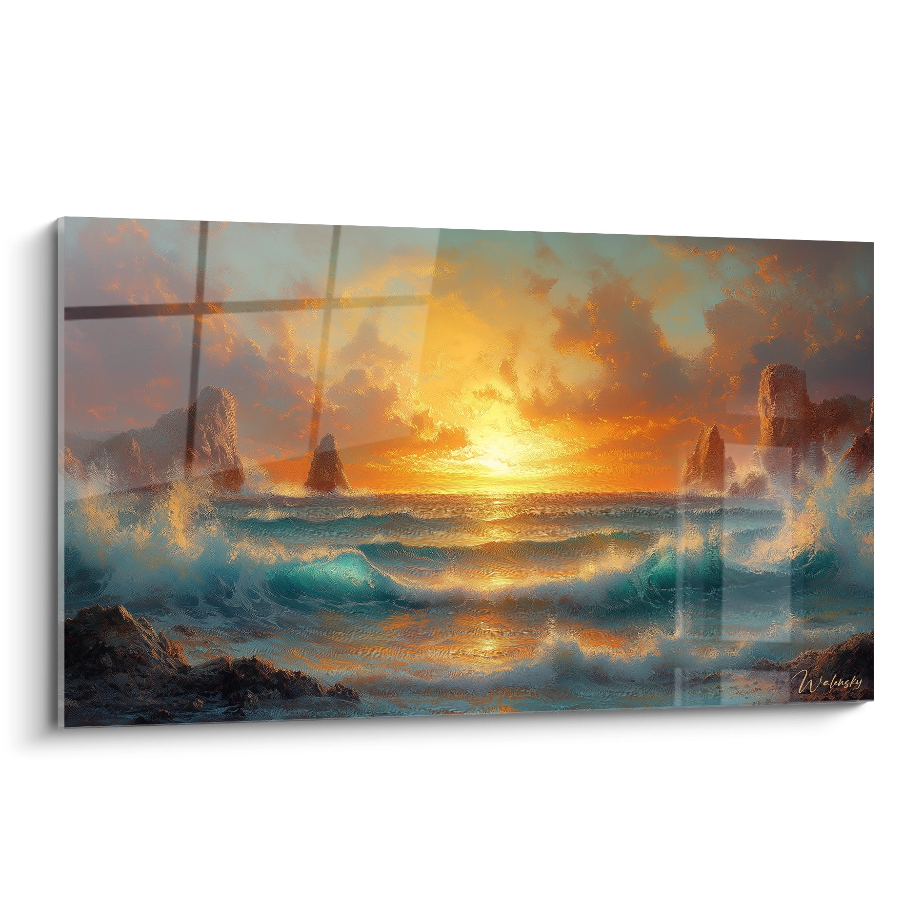 Tableau montrant un coucher de soleil spectaculaire sur l'océan avec des rochers émergents, dominé par des tons orange, bleu et gris, avec des vagues turquoise et une texture atmosphérique.

